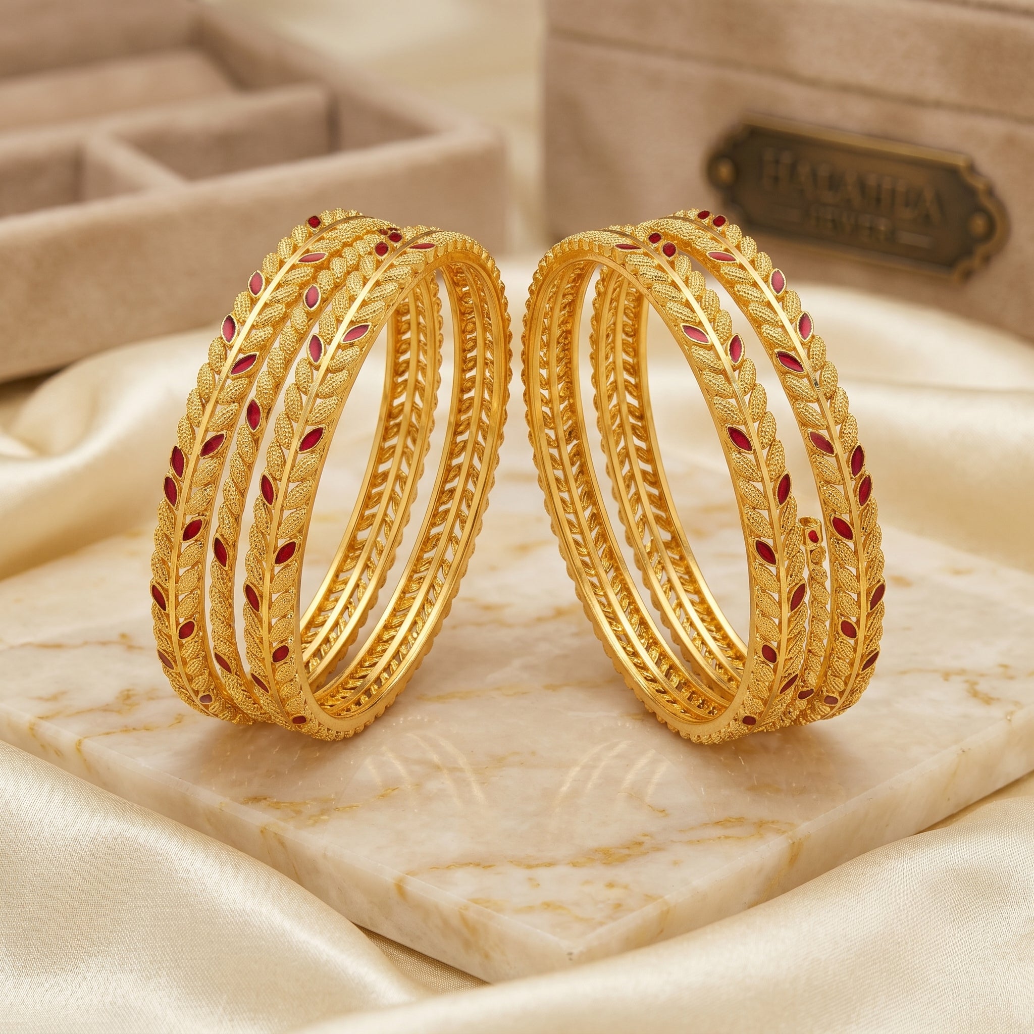 Gold Wheat Leaf Ruby Meenakari and Rope Twist Bangle Set of Four
