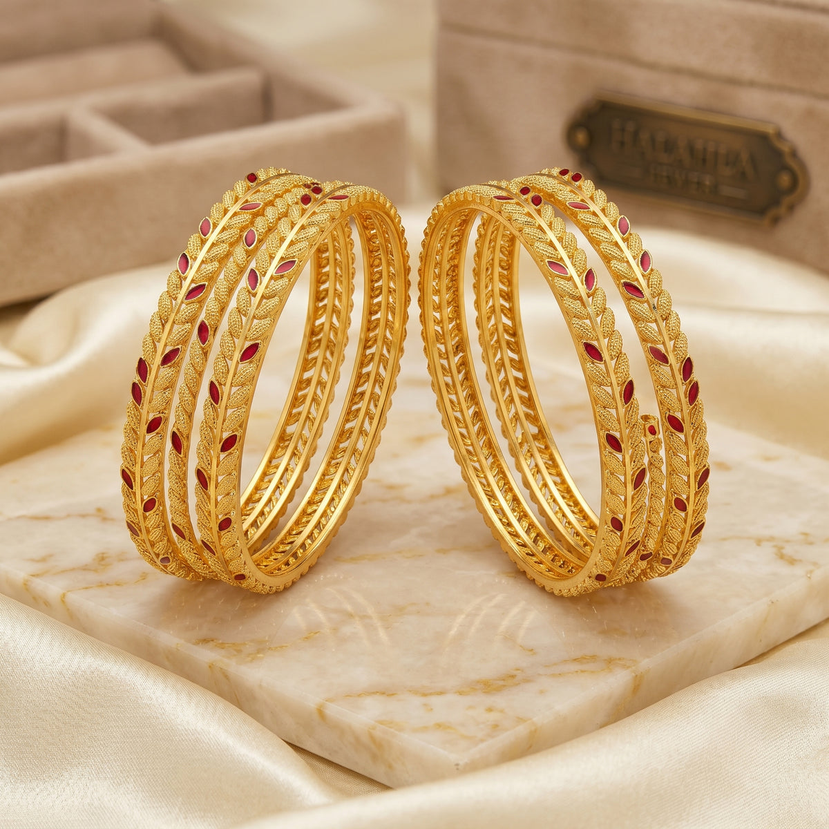 Gold Wheat Leaf Ruby Meenakari and Rope Twist Bangle Set of Four