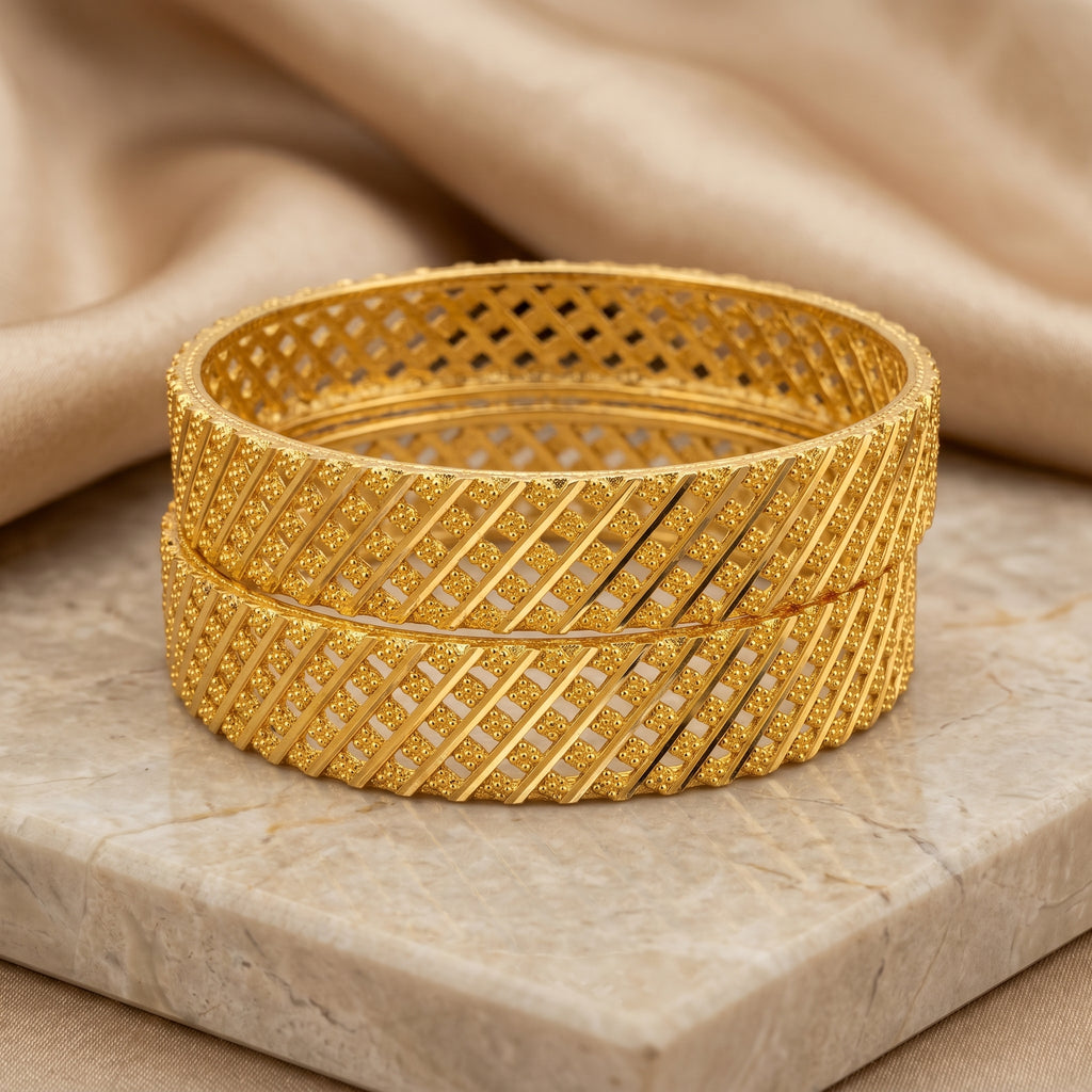 Gold Wide Diagonal Bar Open-Grille Bangle Pair