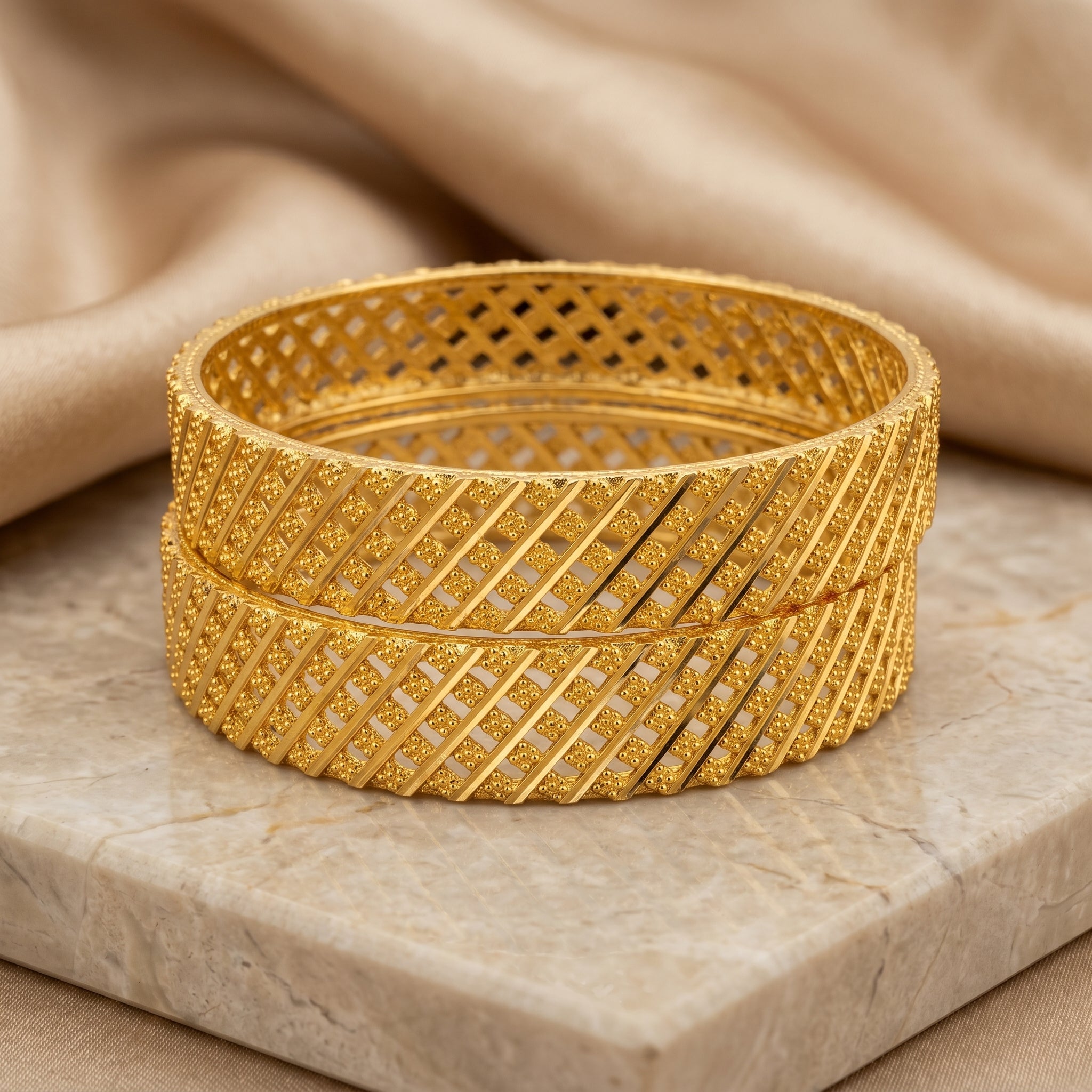 Gold Wide Diagonal Bar Open-Grille Bangle Pair