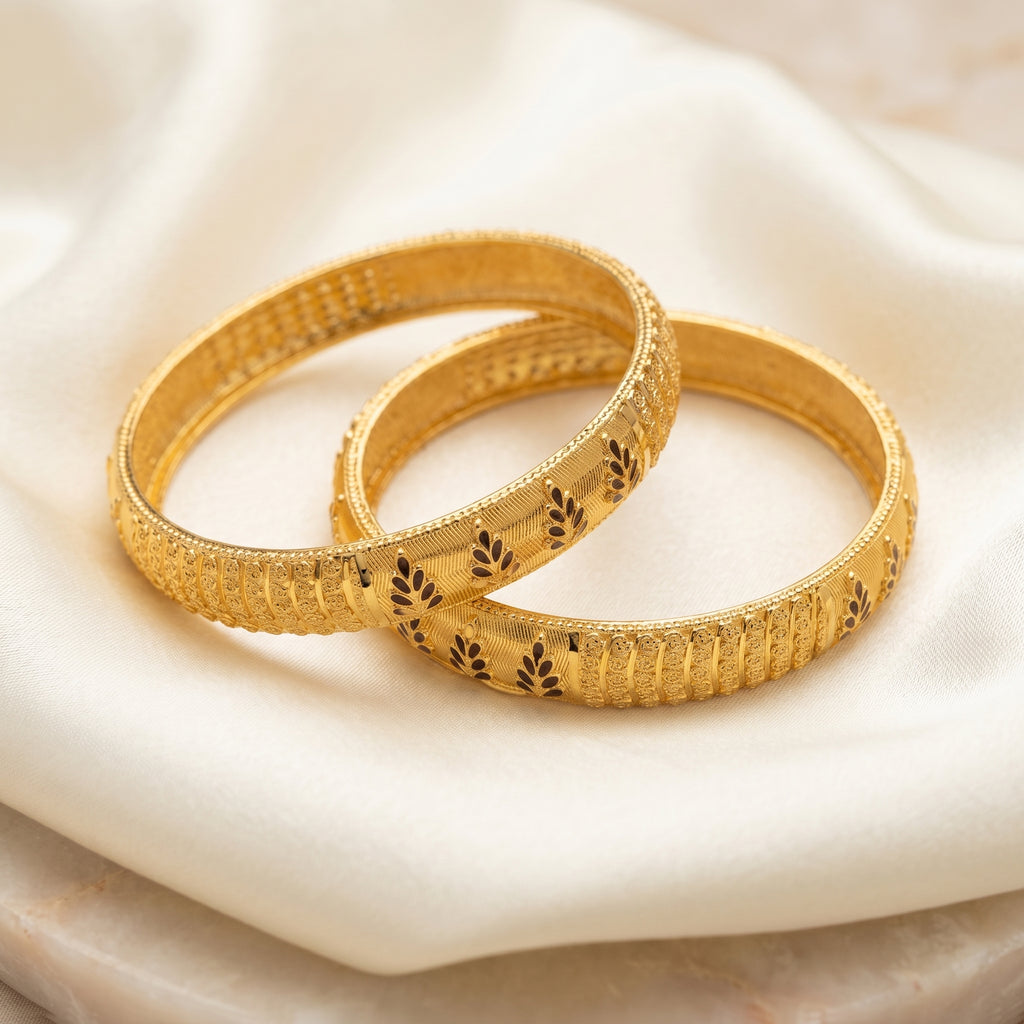 Gold Black Meenakari Palm Leaf Panel Bangle Pair