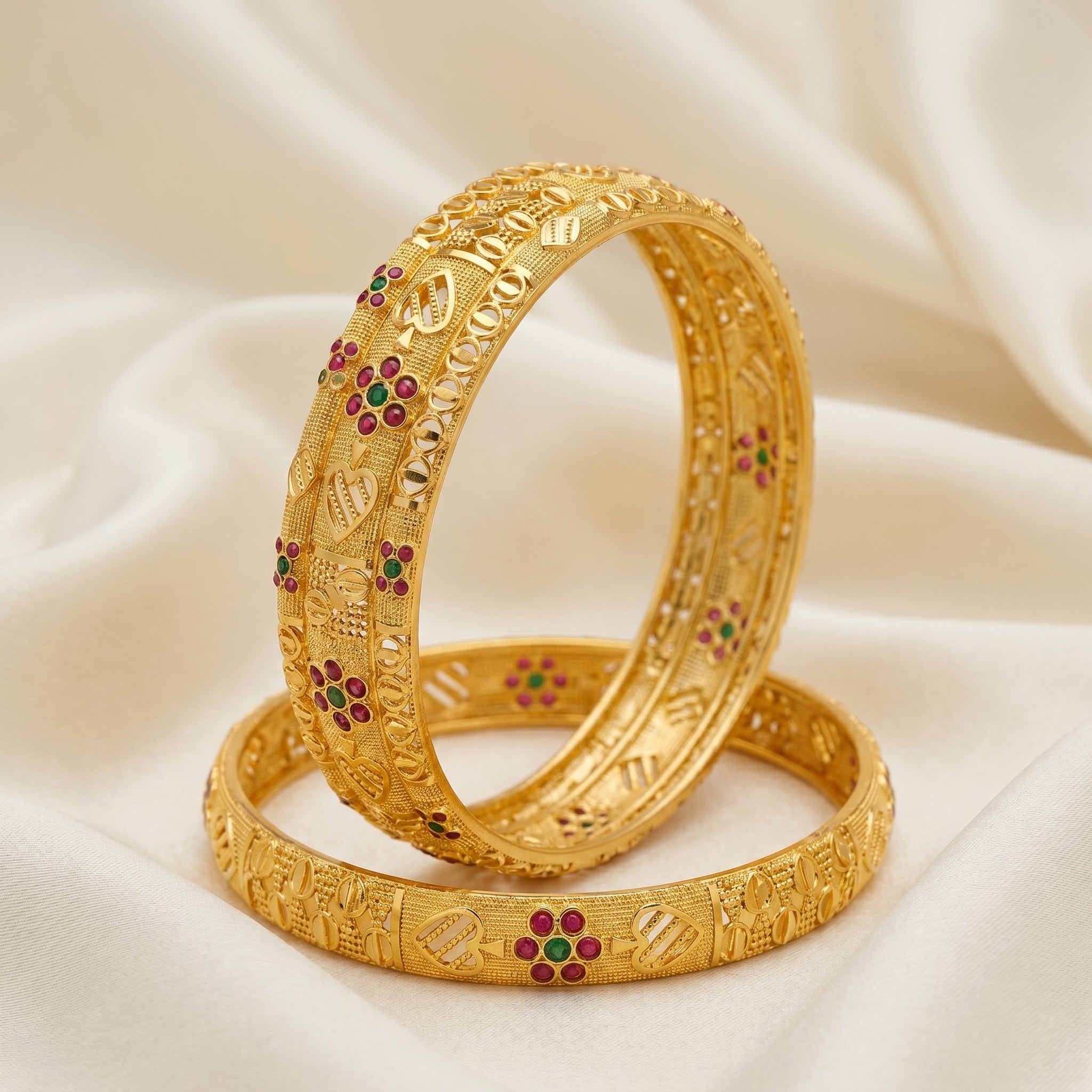 Gold Floral Ruby Emerald Openwork Bangle Pair