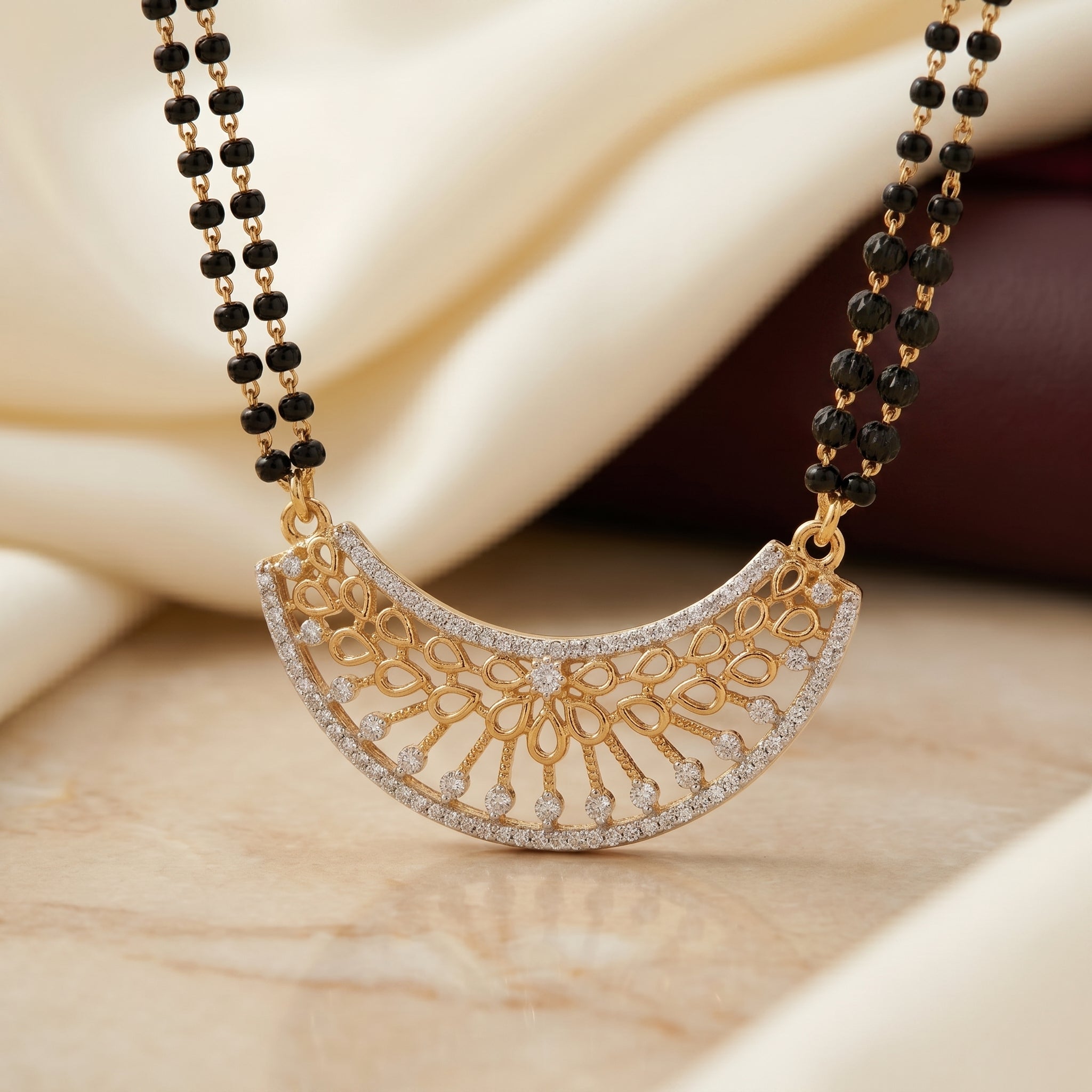 Gold CZ Crescent Fan Short Mangalsutra