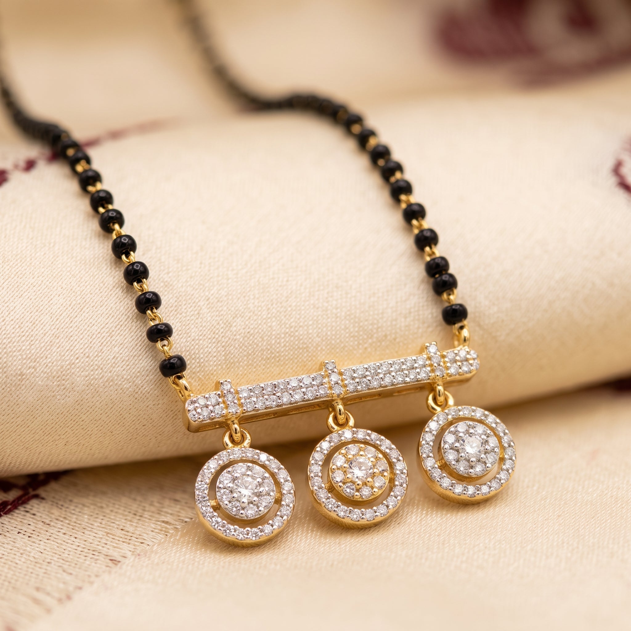 Gold CZ Triple Halo Bar Short Mangalsutra