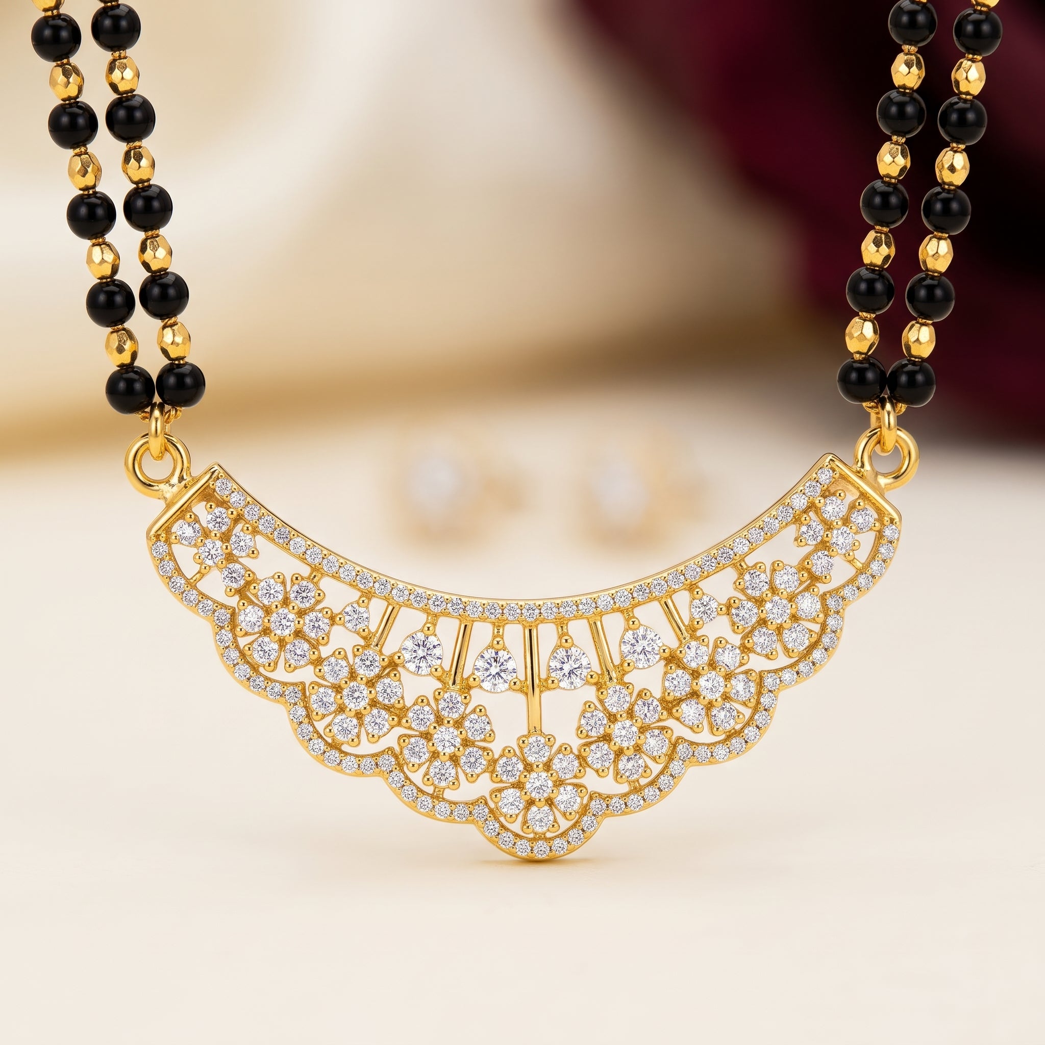 Gold CZ Scalloped Floral Fan Short Mangalsutra