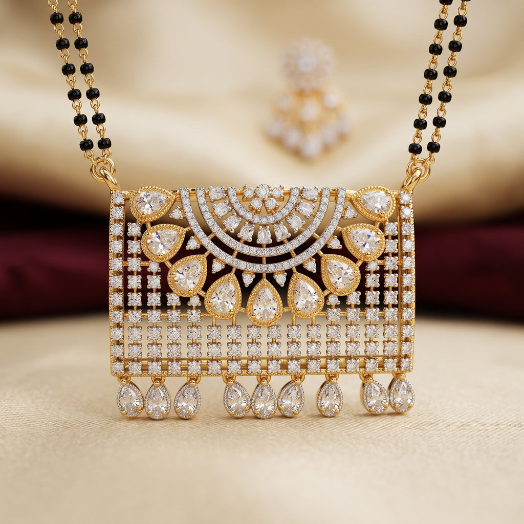 : Gold CZ Bridal Panel Fringe Short Mangalsutra
