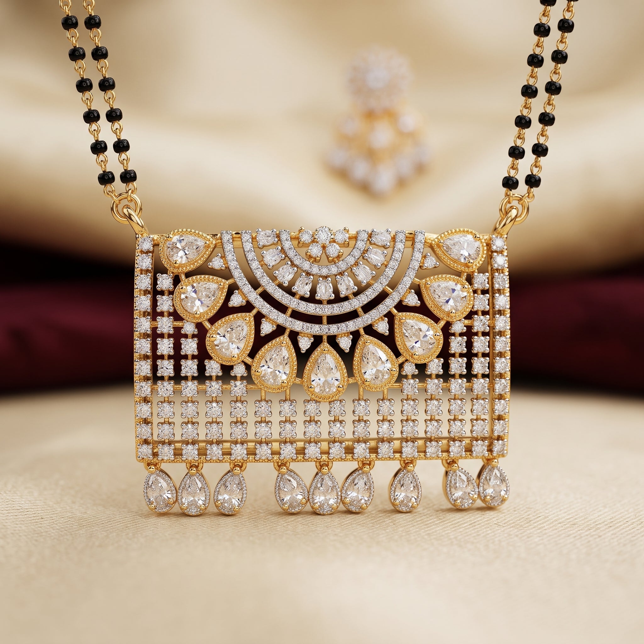 : Gold CZ Bridal Panel Fringe Short Mangalsutra