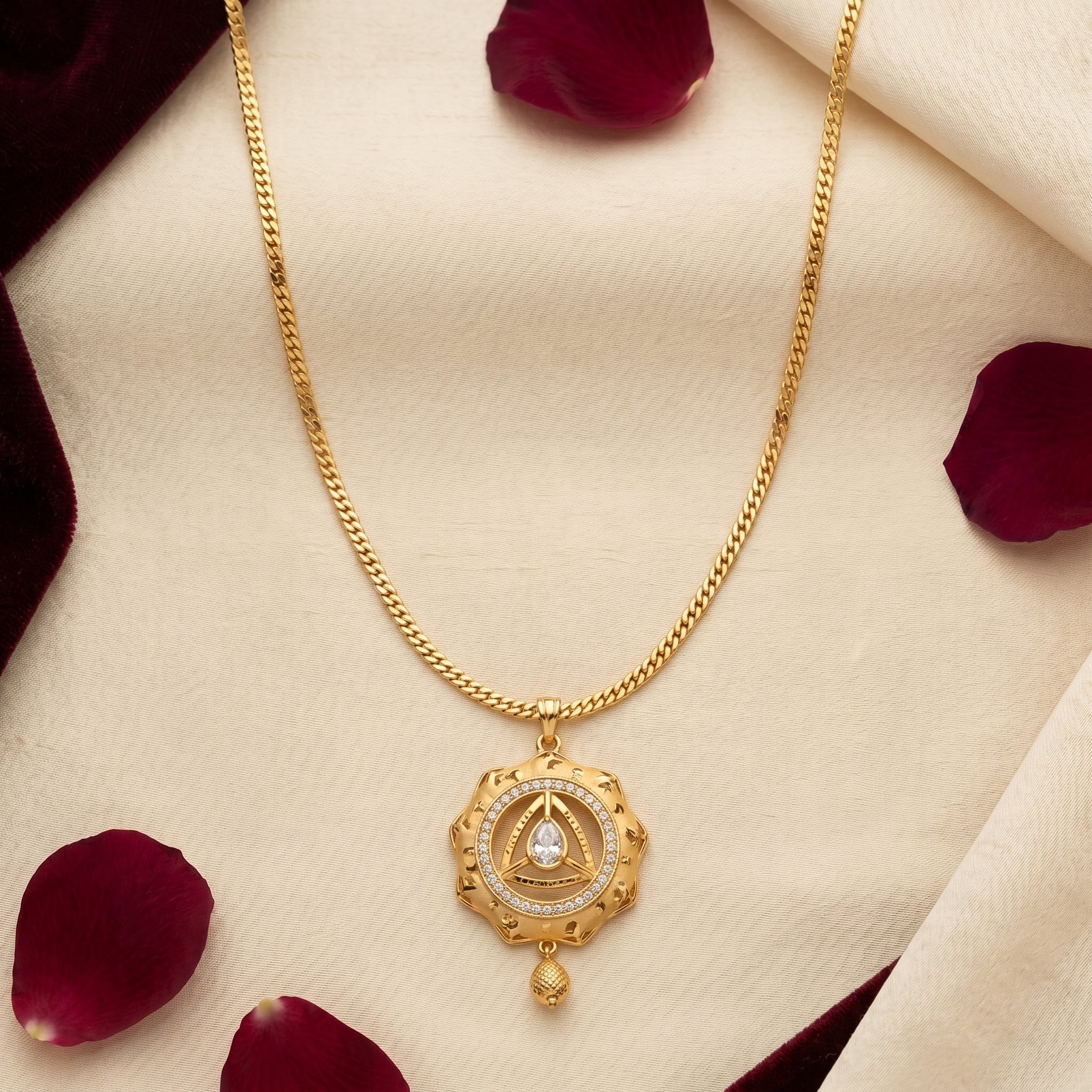 Gold Antique Scalloped Medallion CZ Chain Necklace