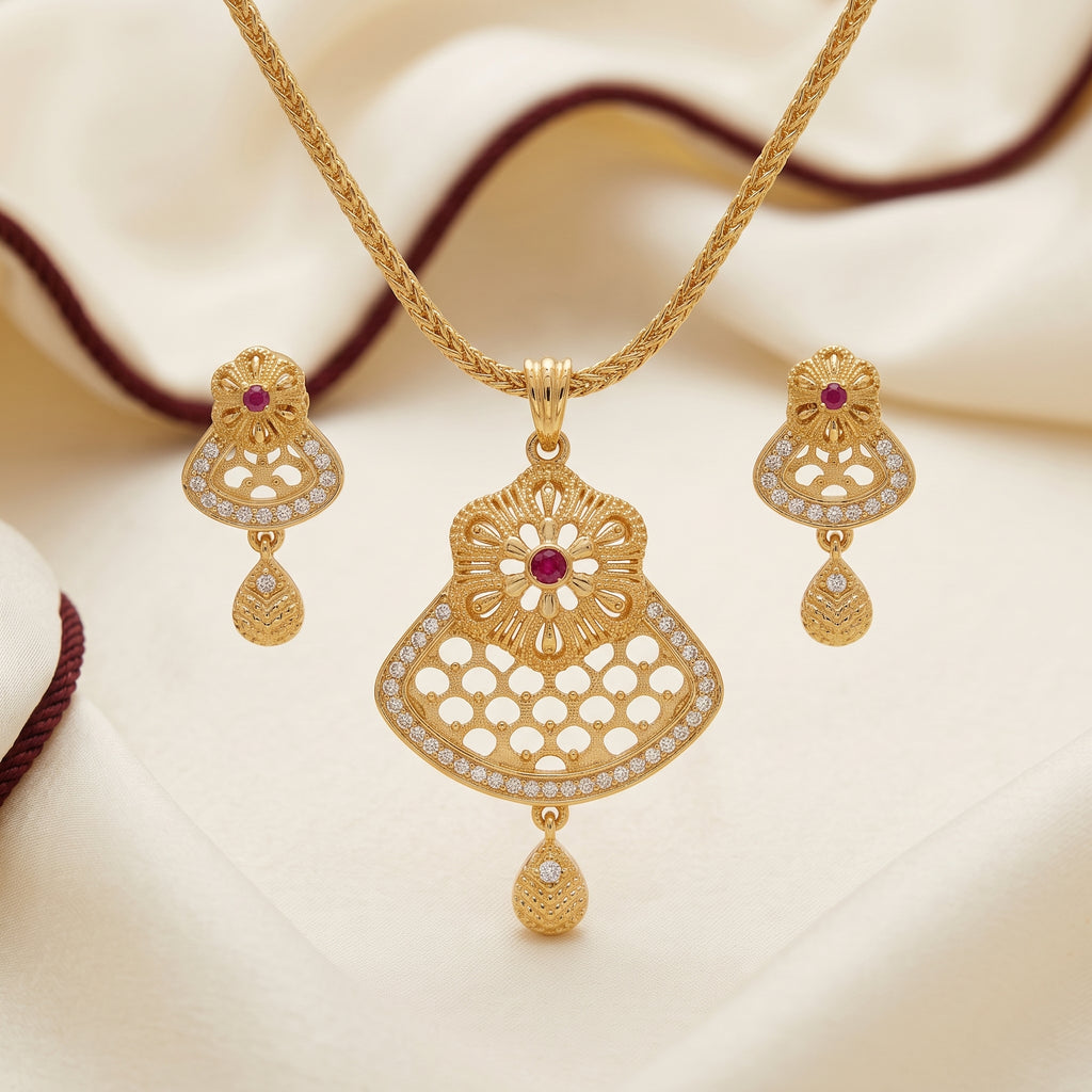 Gold Antique Ruby CZ Fan Chain Necklace
