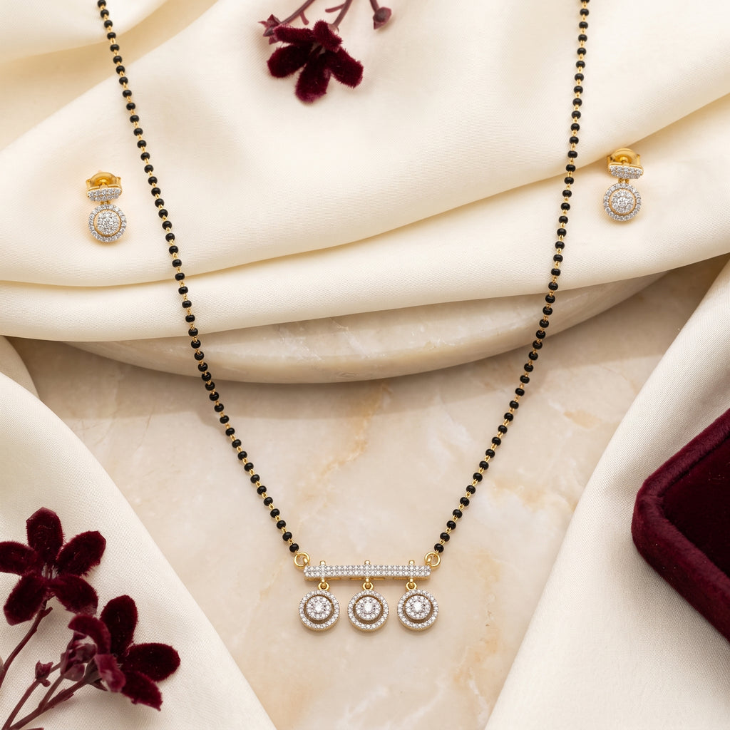 Gold CZ Triple Halo Bar Short Mangalsutra