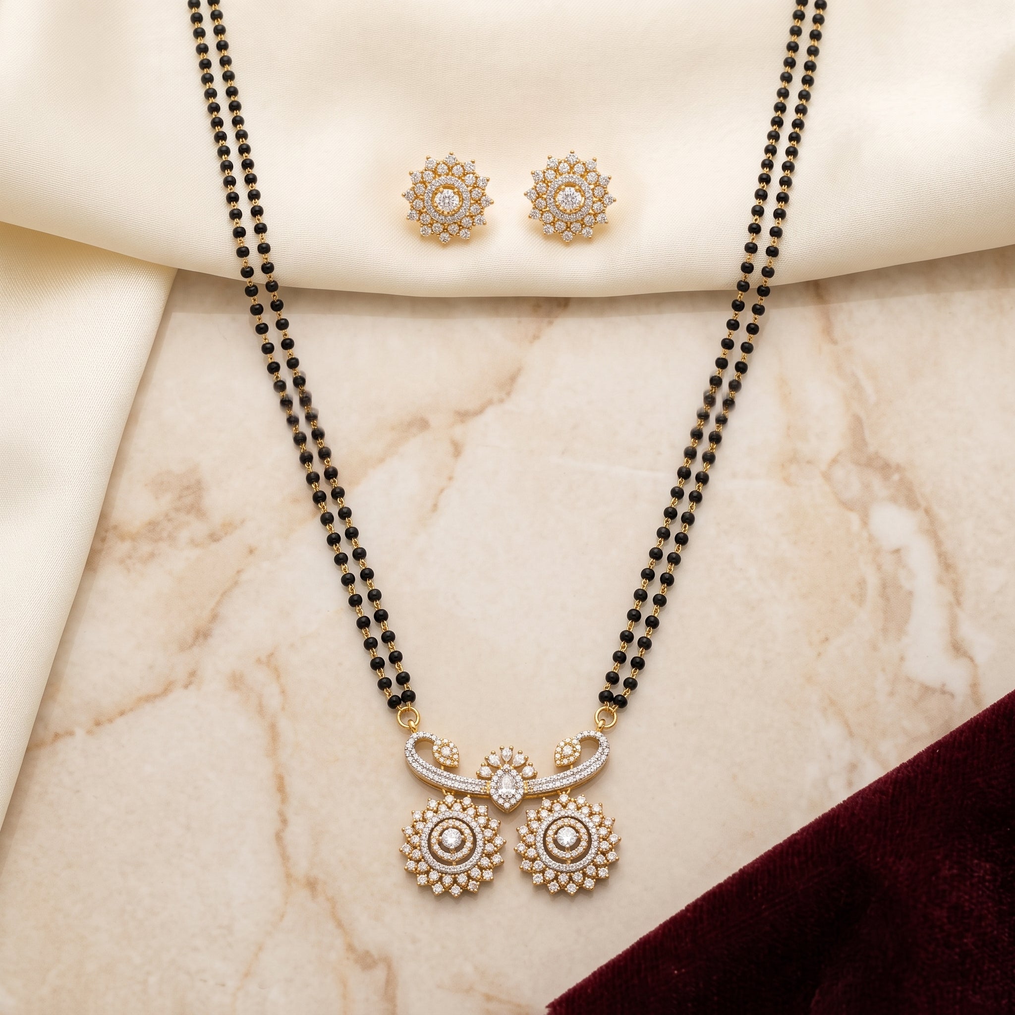 Gold CZ Twin Sunburst Short Mangalsutra