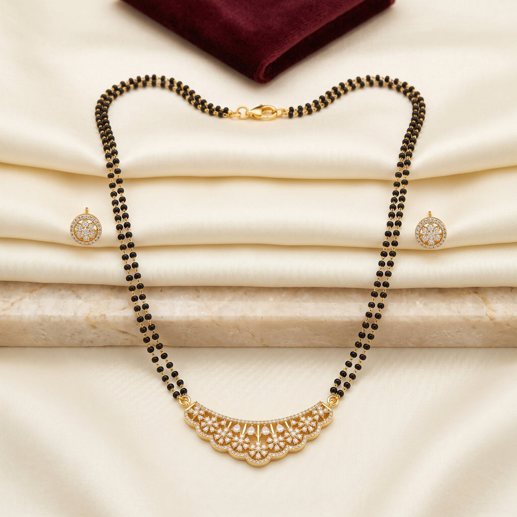 Gold CZ Scalloped Floral Fan Short Mangalsutra