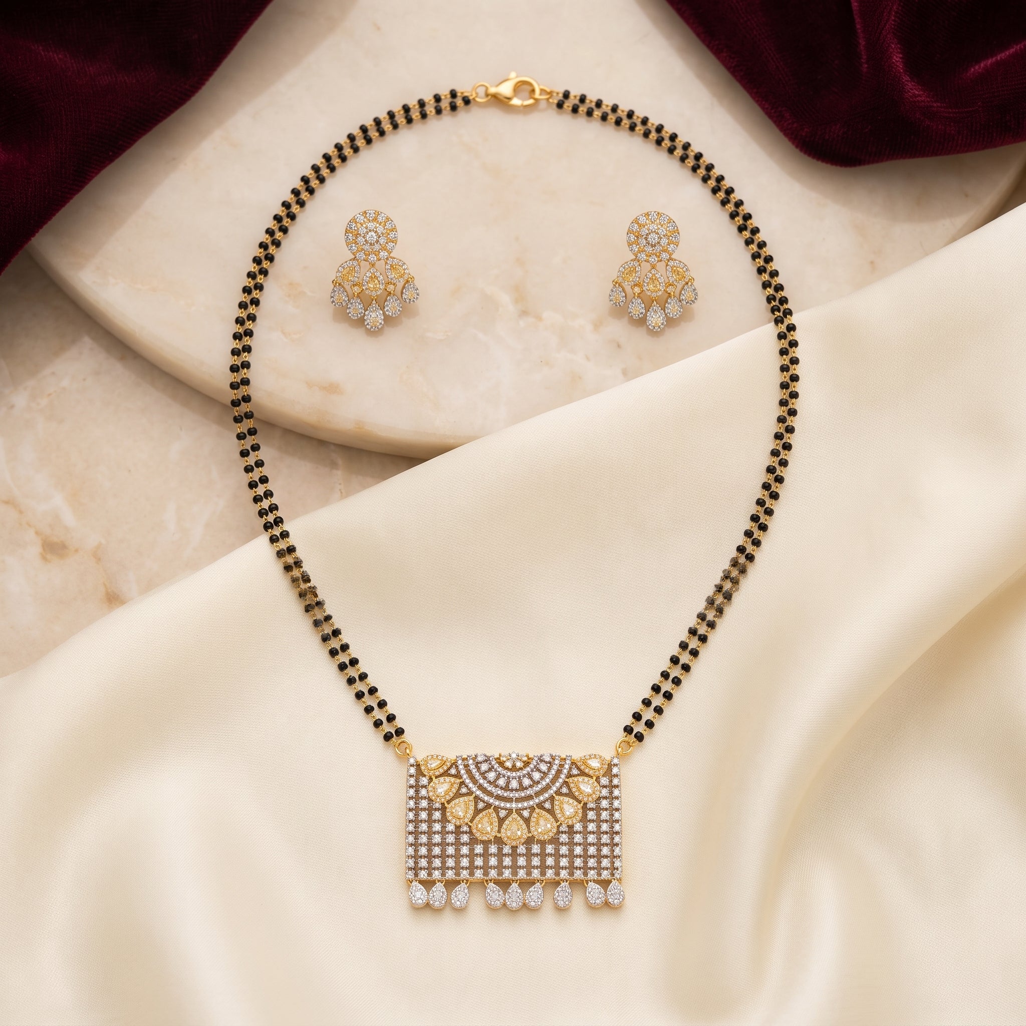 : Gold CZ Bridal Panel Fringe Short Mangalsutra