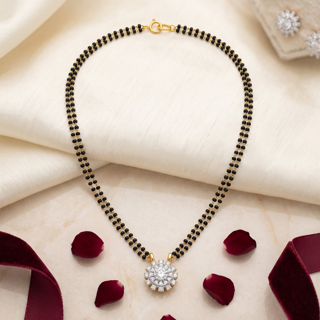 Gold CZ Sunburst Solitaire Short Mangalsutra