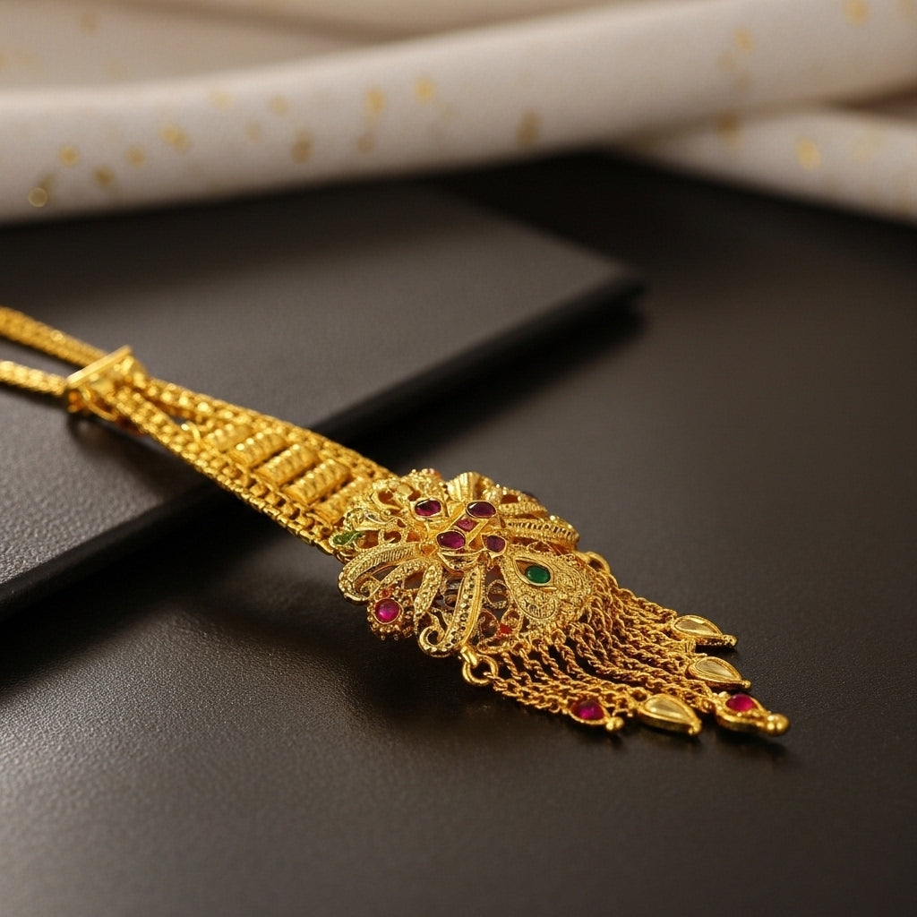 Gold Open Floral Multistone Tassel Maang Tikka