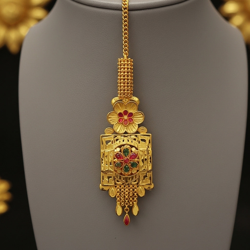Gold Star-Engraved Square Panel Maang Tikka