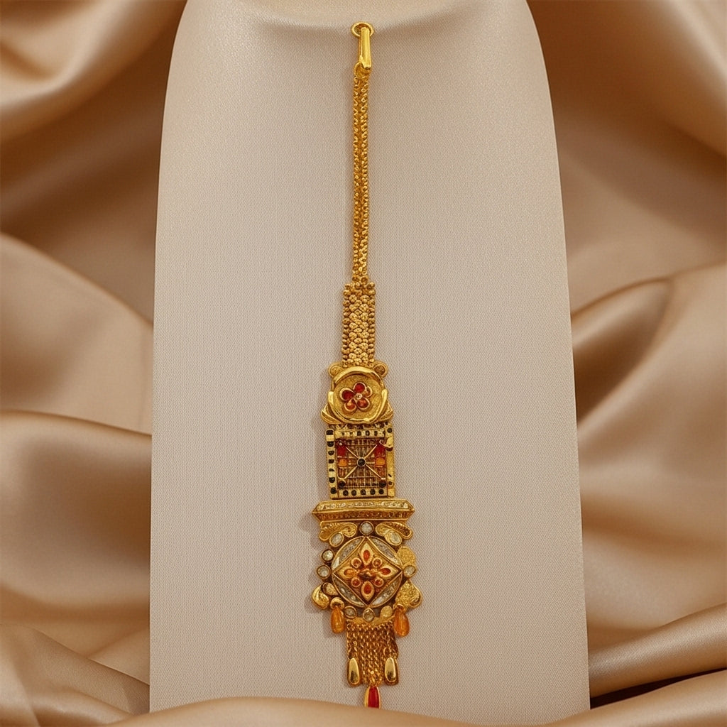 Gold Three-Tier Kundan Mosaic Maang Tikka