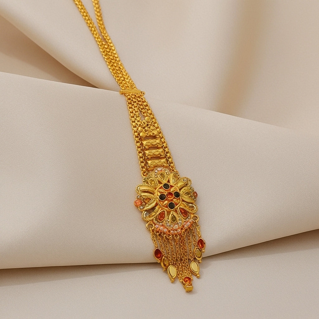Gold Open Floral Multistone Tassel Maang Tikka