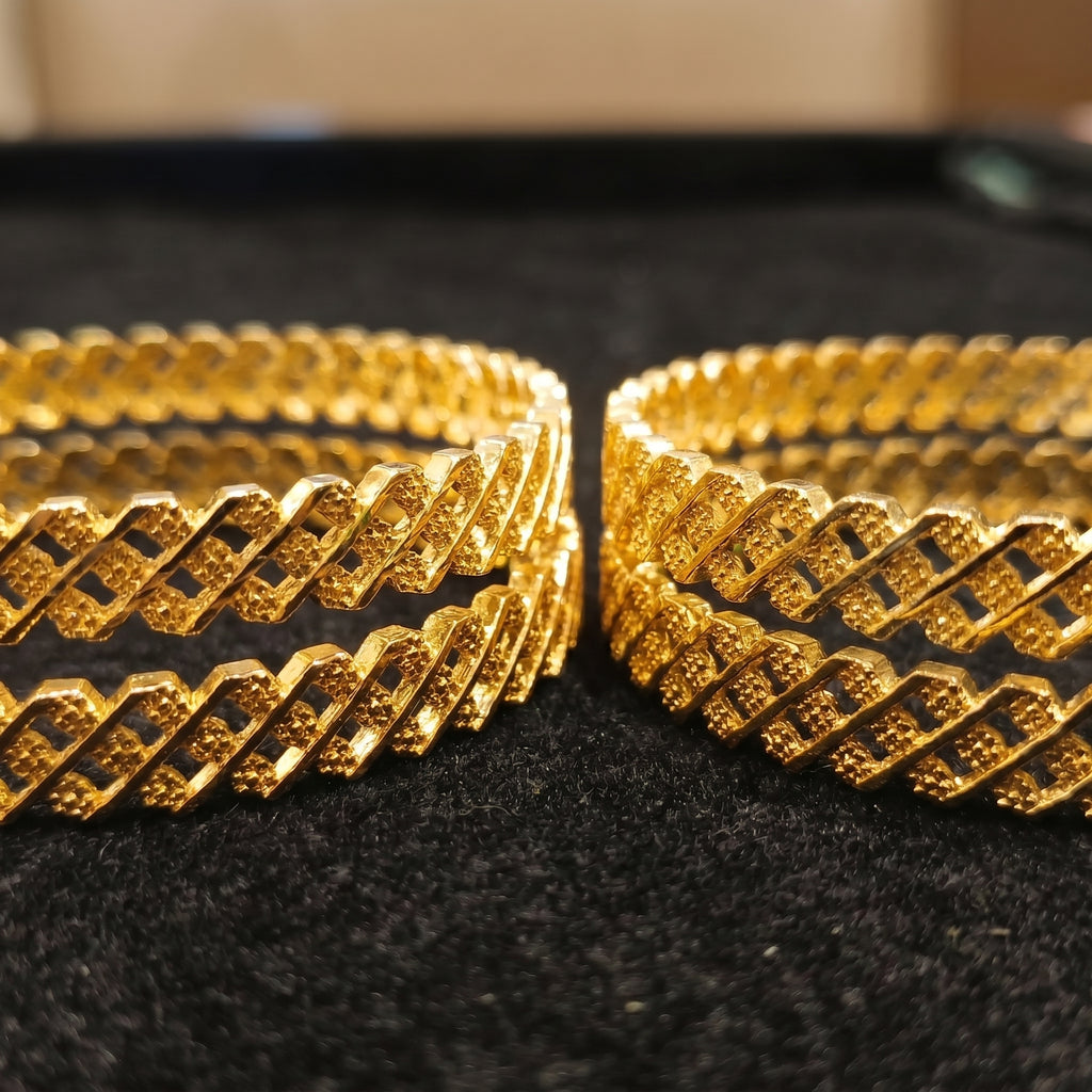 Gold Diagonal Braid Lattice Box-Edge Bangle Pair