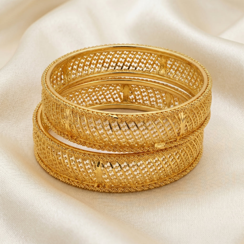 Gold Wide Rope-Bar Diagonal Open-Grille Bangle Pair