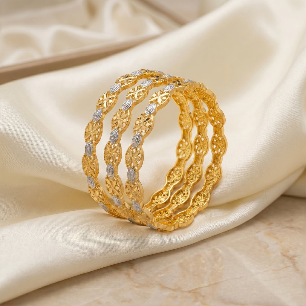 Gold Silver Floral Openwork Bangle Pair