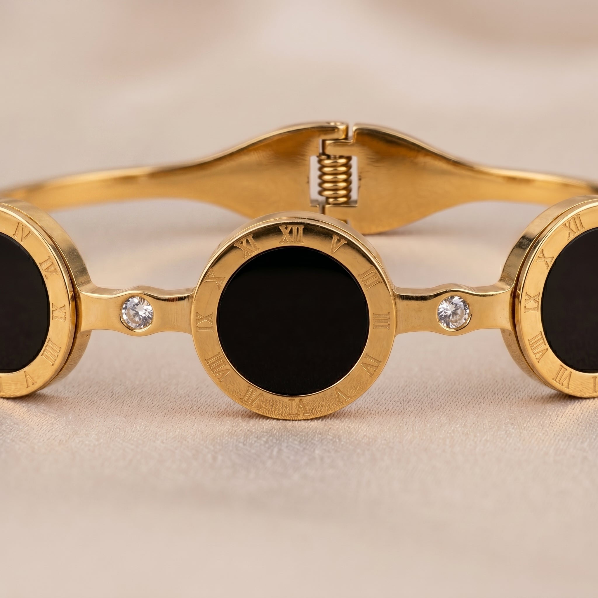 Gold Onyx Roman Numeral Disc Bracelet