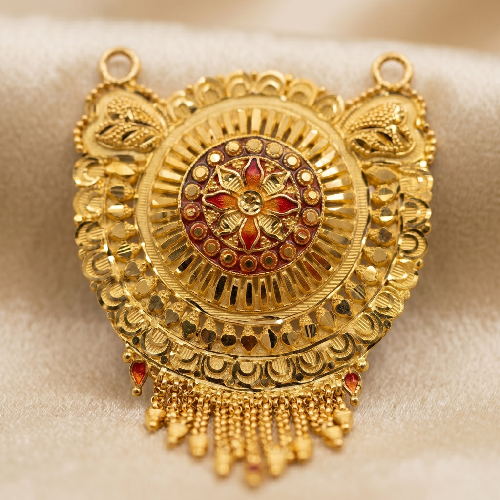 Gold Peacock Wing Disc Ruby Tassel Necklace Set
