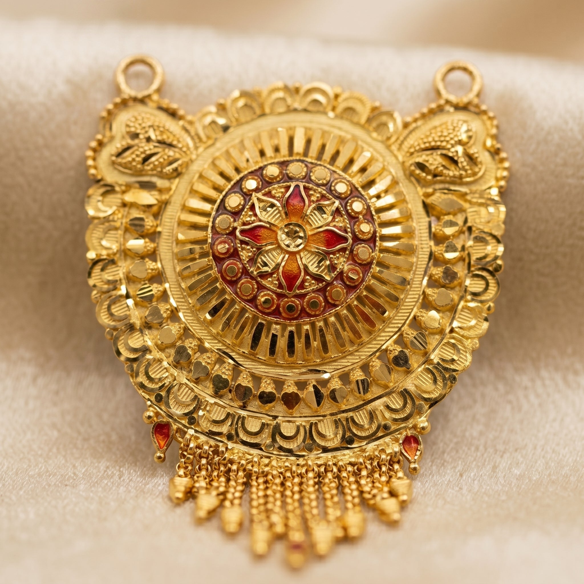 Gold Peacock Wing Disc Ruby Tassel Necklace Set