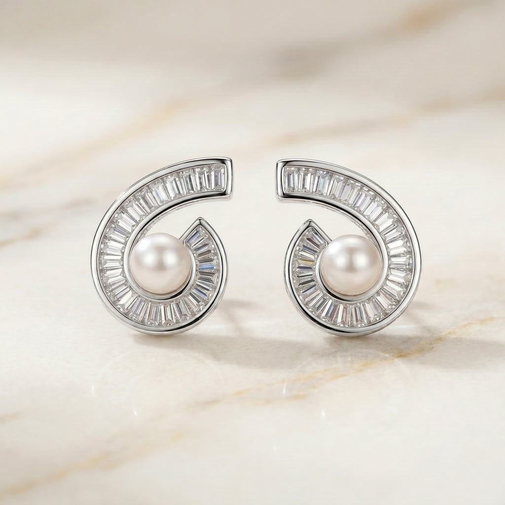 Silver Tone Pearl & Baguette CZ Nautilus Spiral Stud Earrings