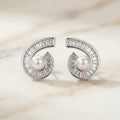 Silver Tone Pearl & Baguette CZ Nautilus Spiral Stud Earrings