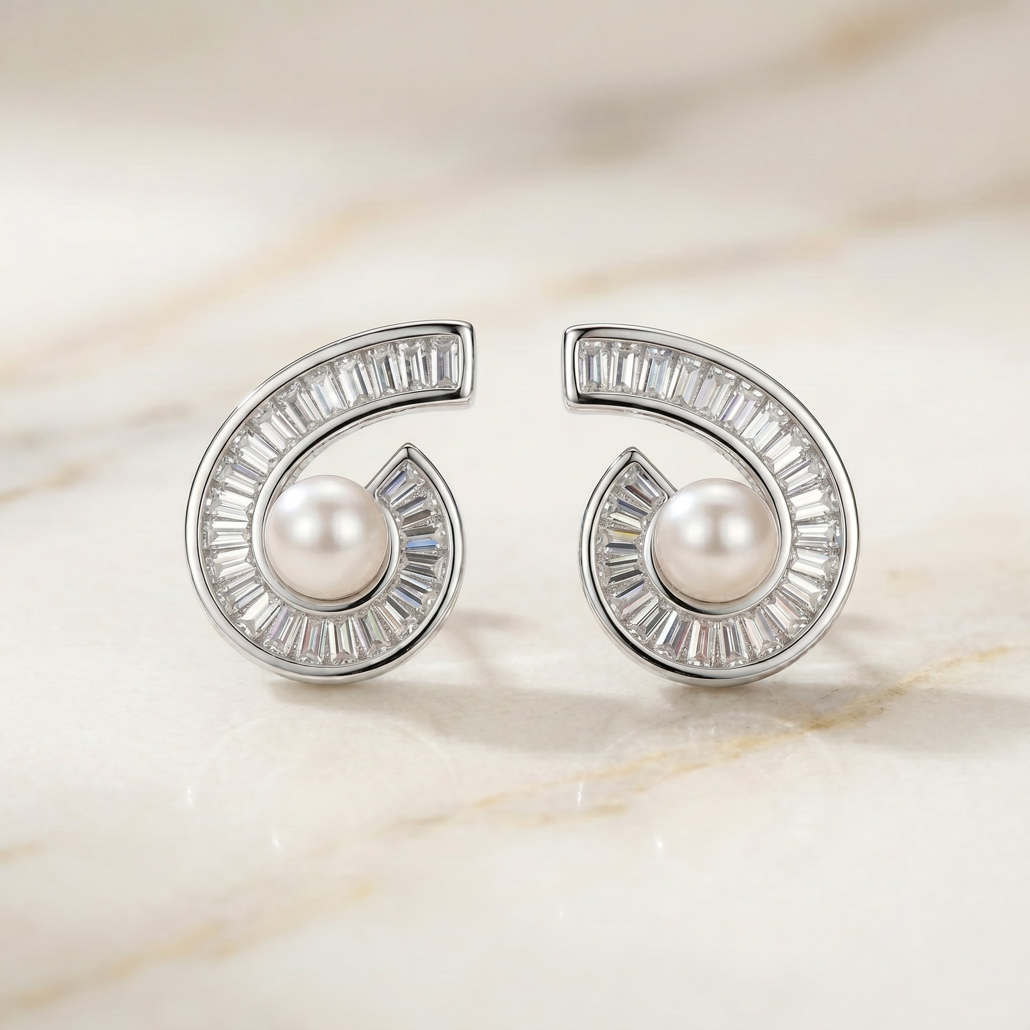 Silver Tone Pearl & Baguette CZ Nautilus Spiral Stud Earrings