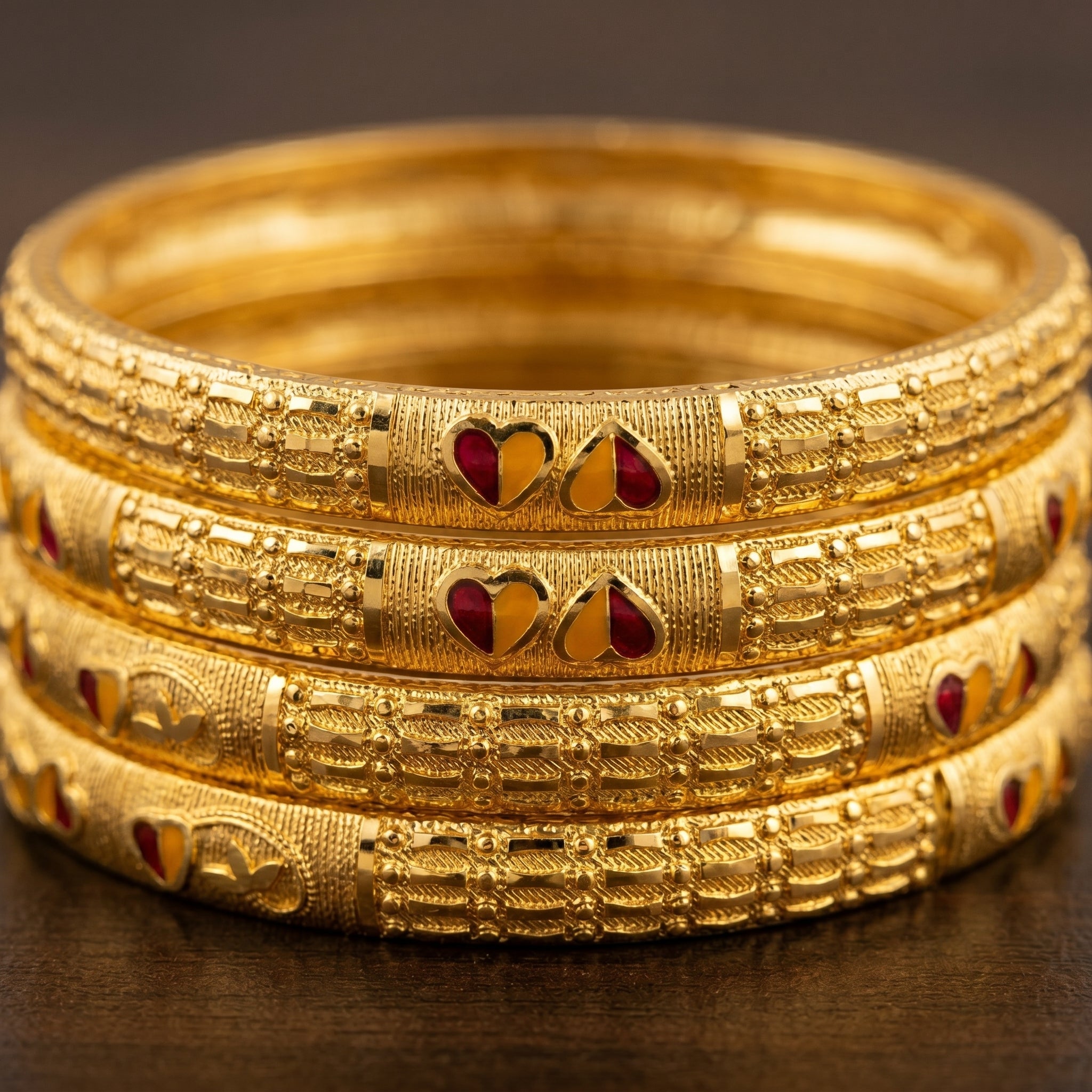 Gold Meenakari Heart Textured Bangle Set of Four