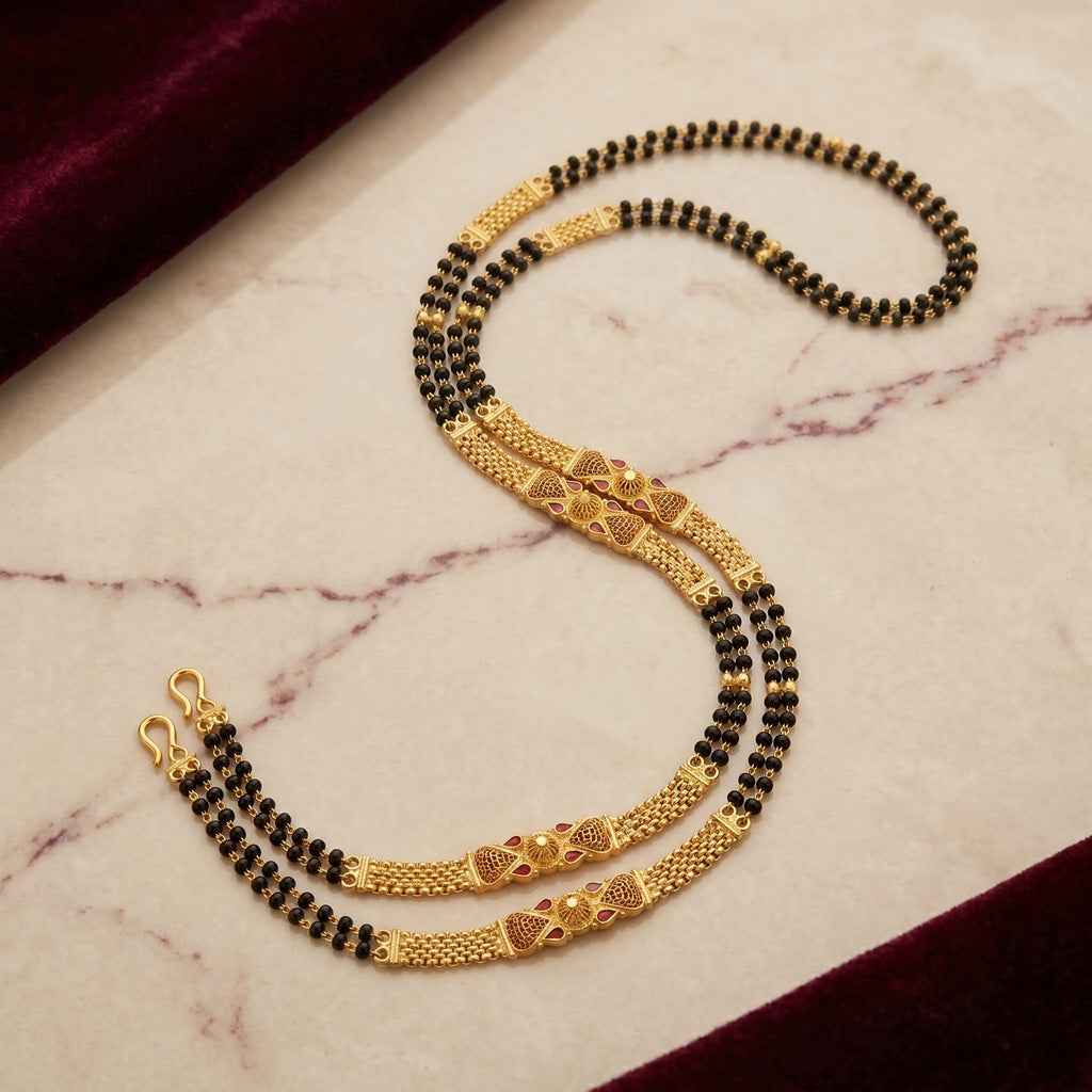 Gold Black Bead Filigree Fan Pendant Long Mangalsutra Set