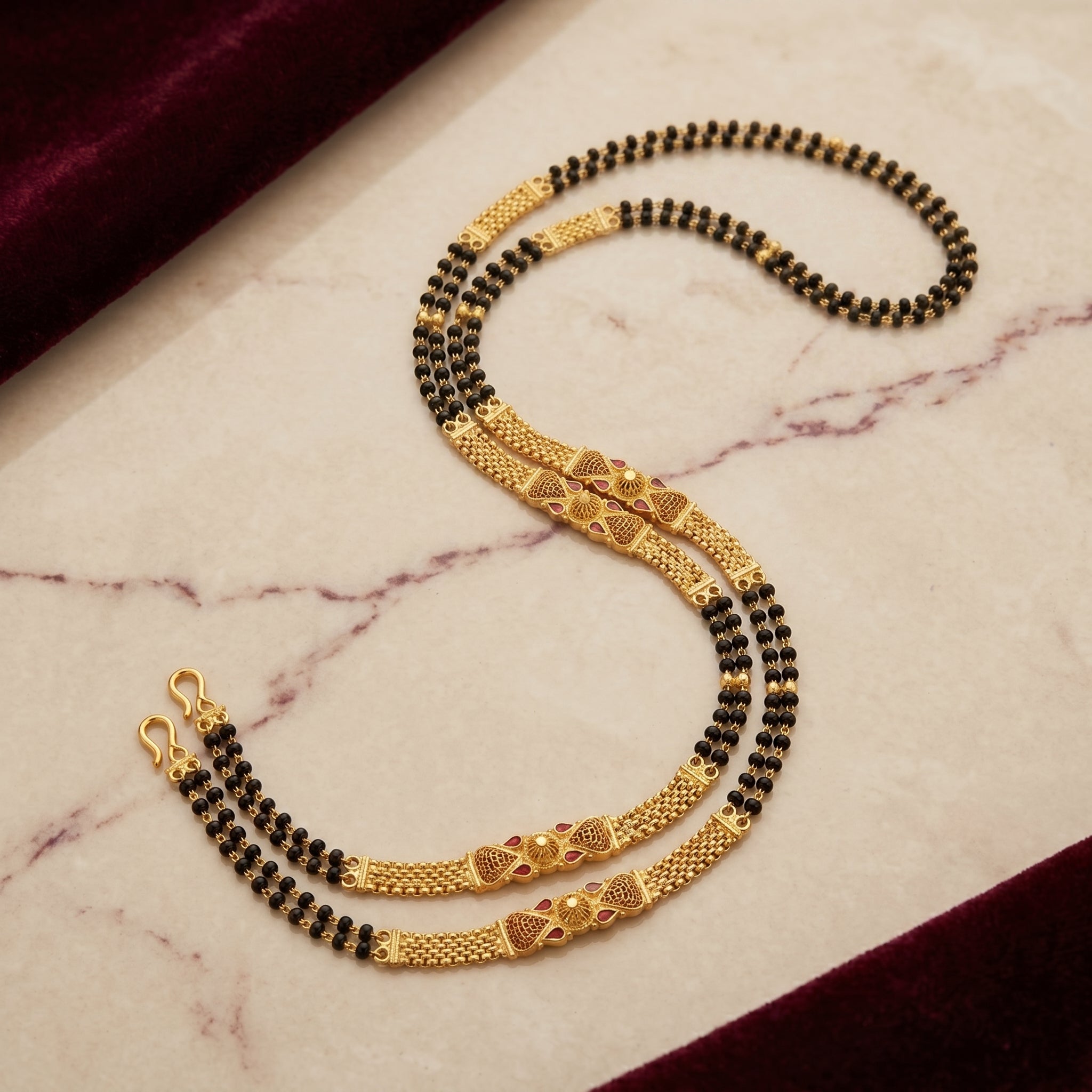 Gold Black Bead Filigree Fan Pendant Long Mangalsutra Set