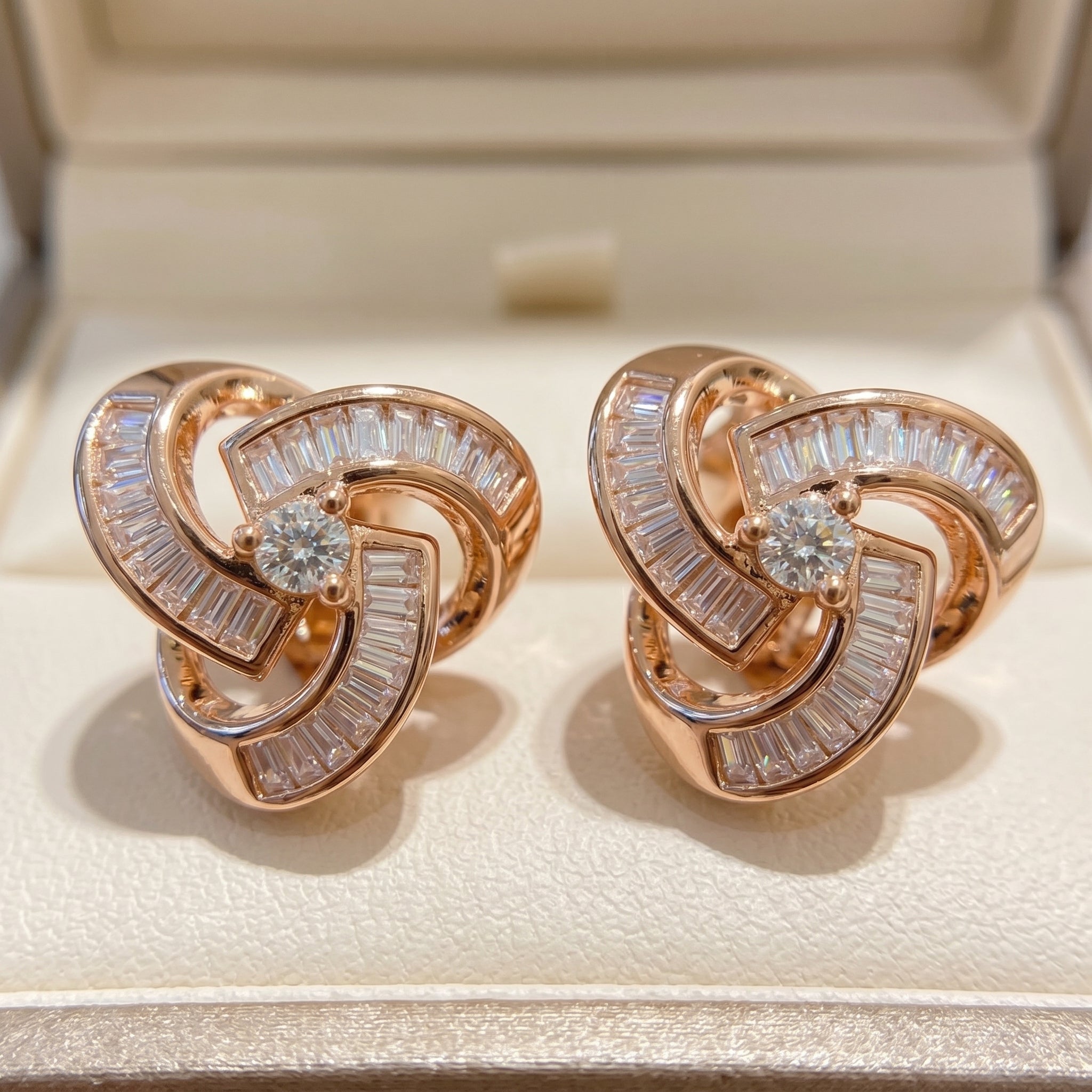 Rose Gold Trinity Knot Baguette CZ Stud Earrings