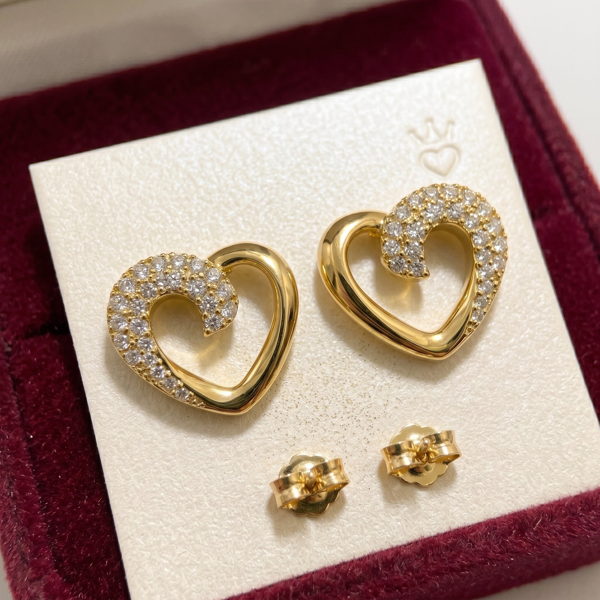 Gold Open Heart Half Pavé CZ Swirl Stud Earrings