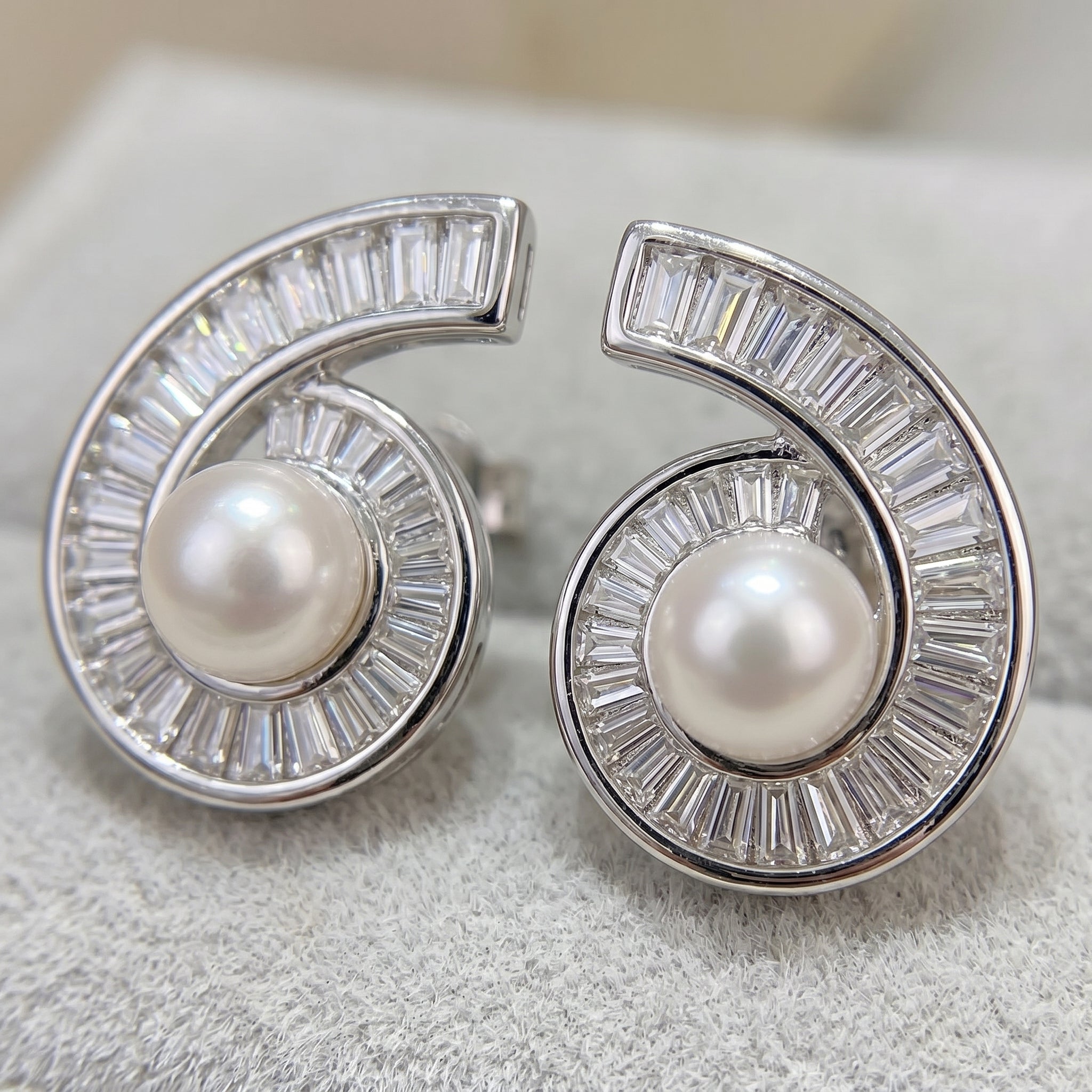 Silver Tone Pearl & Baguette CZ Nautilus Spiral Stud Earrings