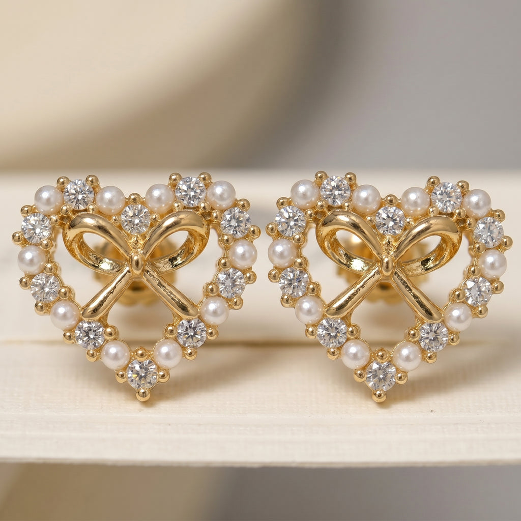 Gold Open Heart Pearl & CZ Bow Stud Earrings