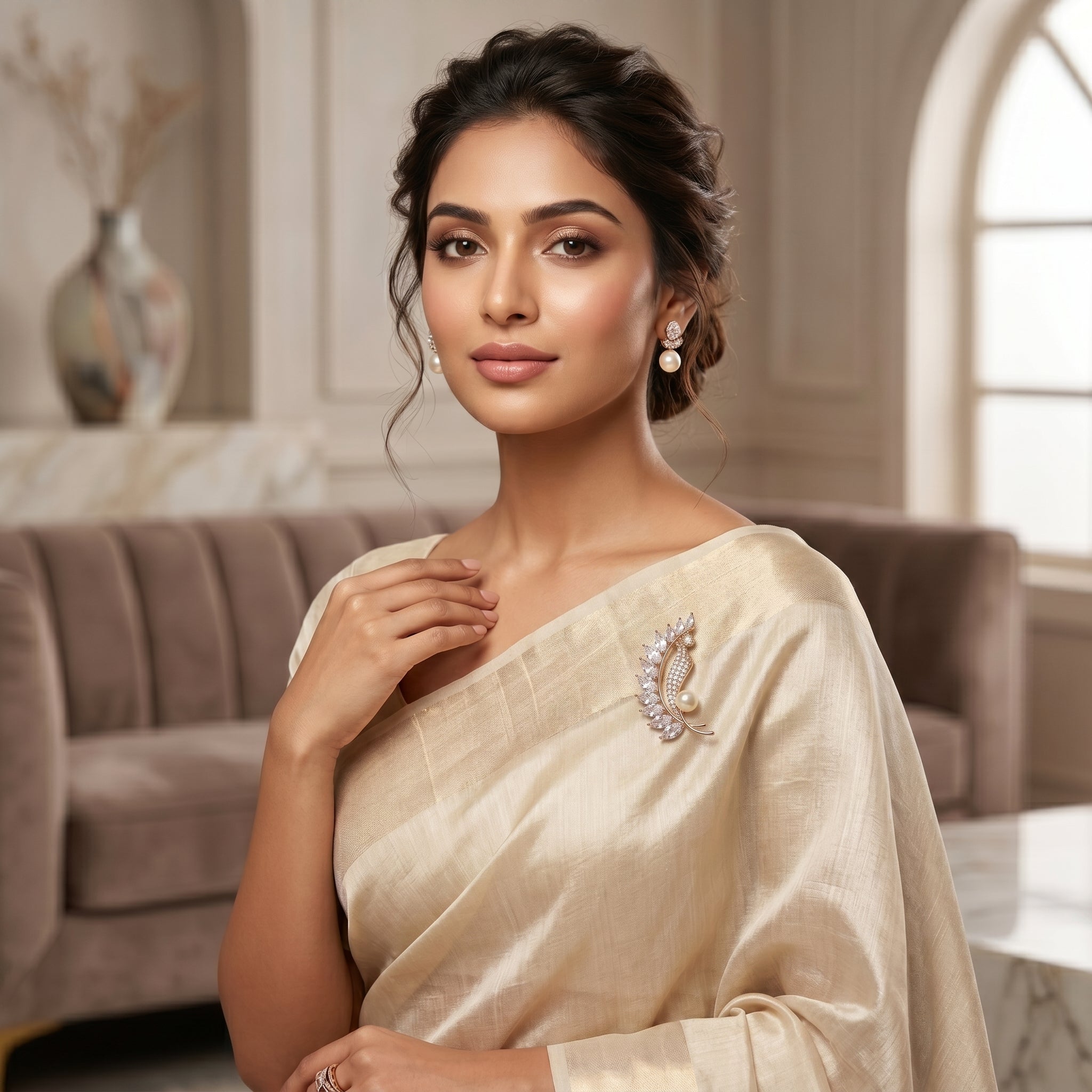 Gold Pearl Marquise Leaf Brooch