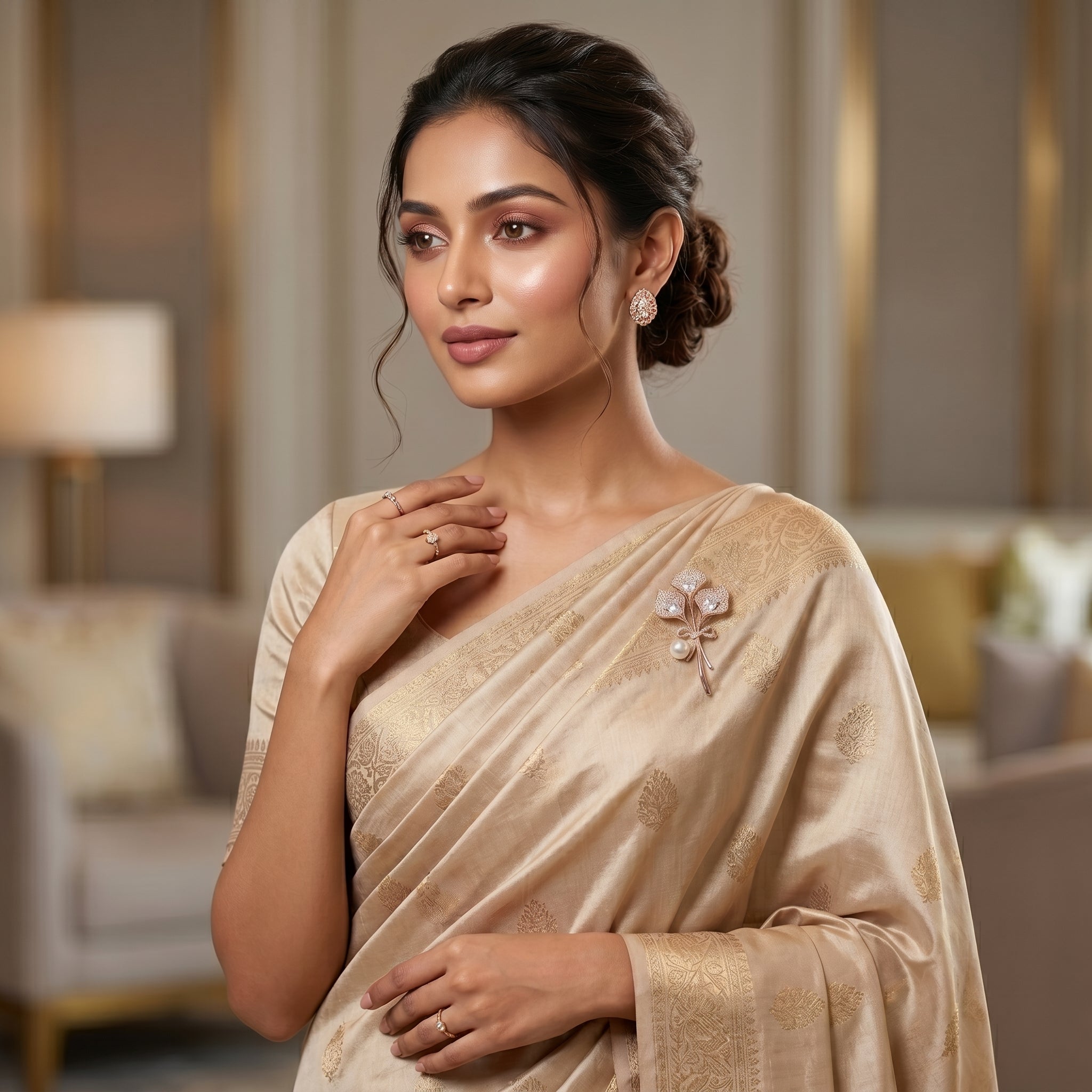 Gold CZ Pavé Leaf Bouquet Pearl Brooch