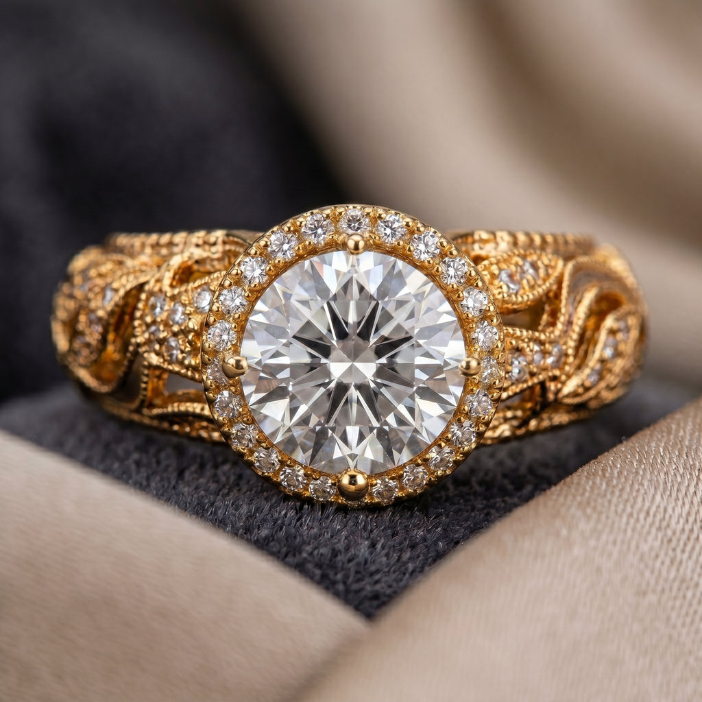 Gold Solitaire CZ Filigree Halo Ring