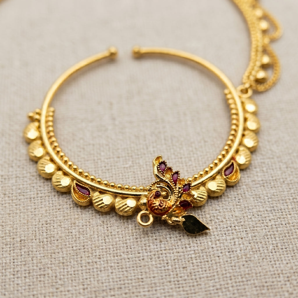 Gold Peacock Meenakari Chained Nath
