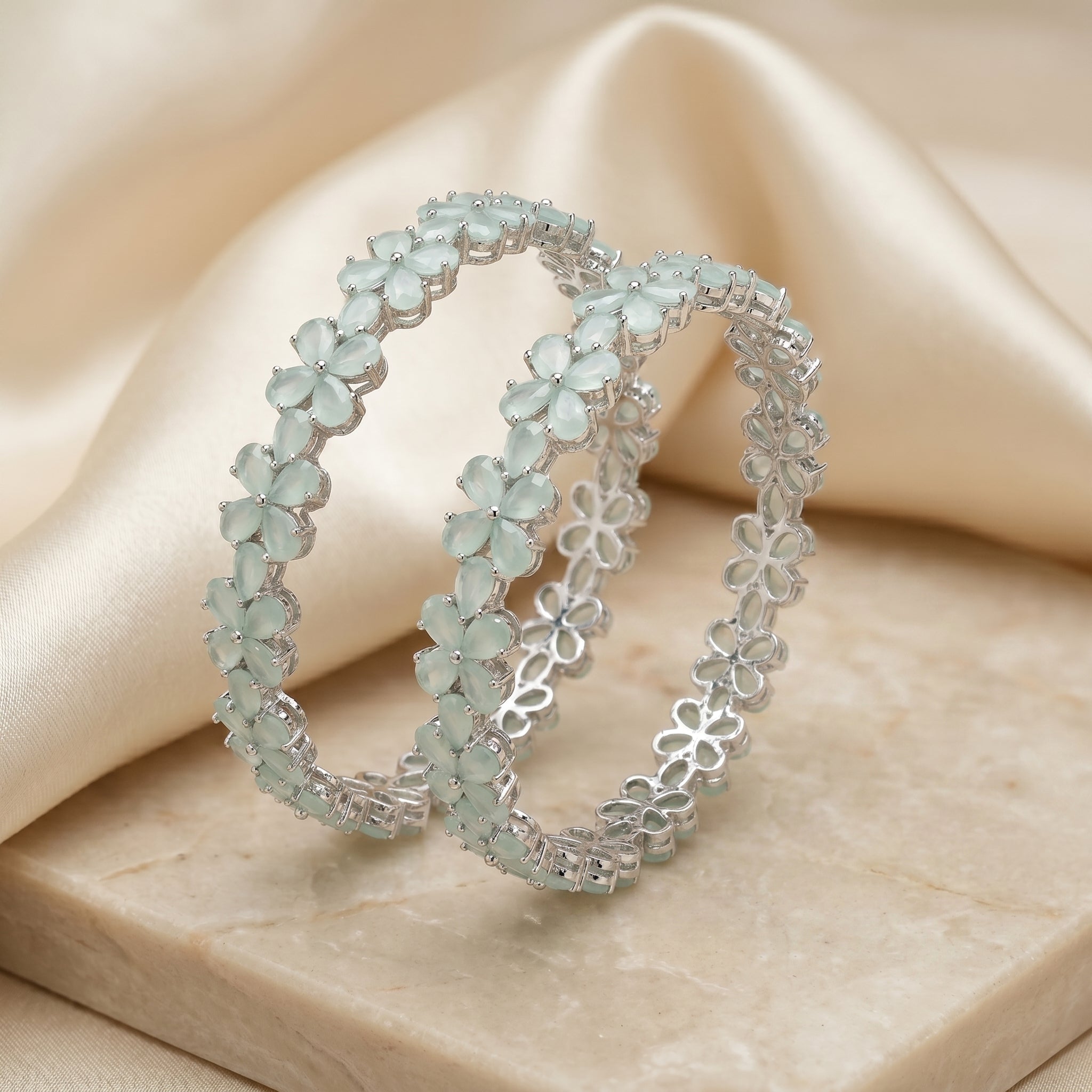 Mint Floral Petal CZ Eternity Bangle Pair