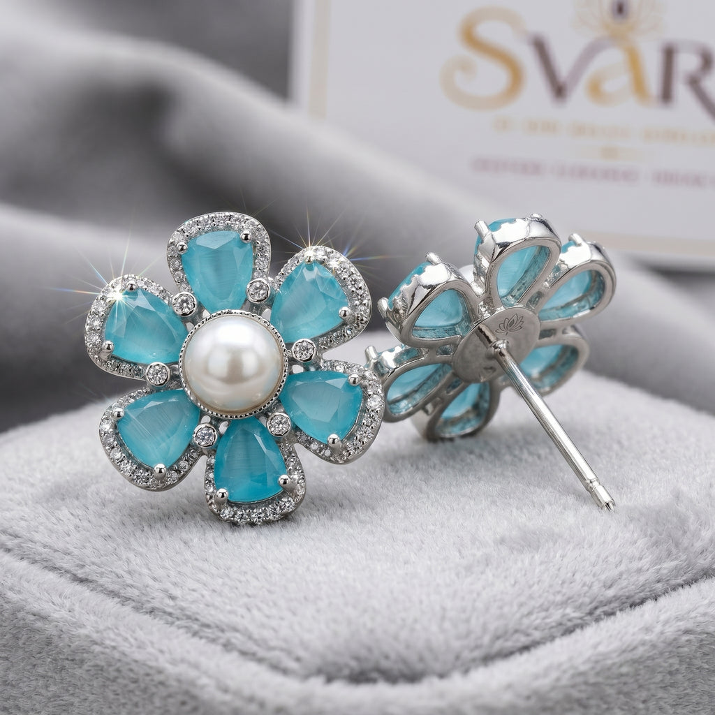 Silver CZ Turquoise Petal Pearl Centre Stud Earrings