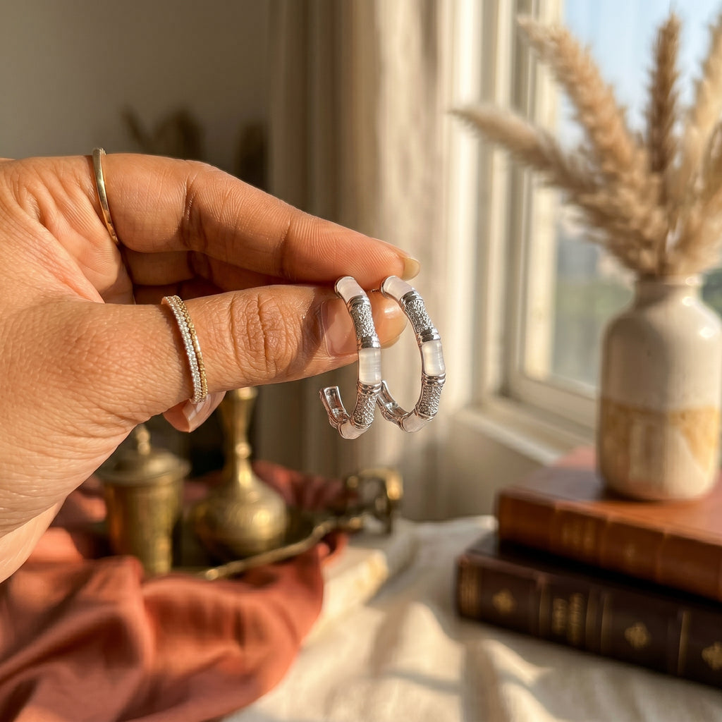 Silver Bamboo Hoop Earrings with White Enamel & Pavé CZ