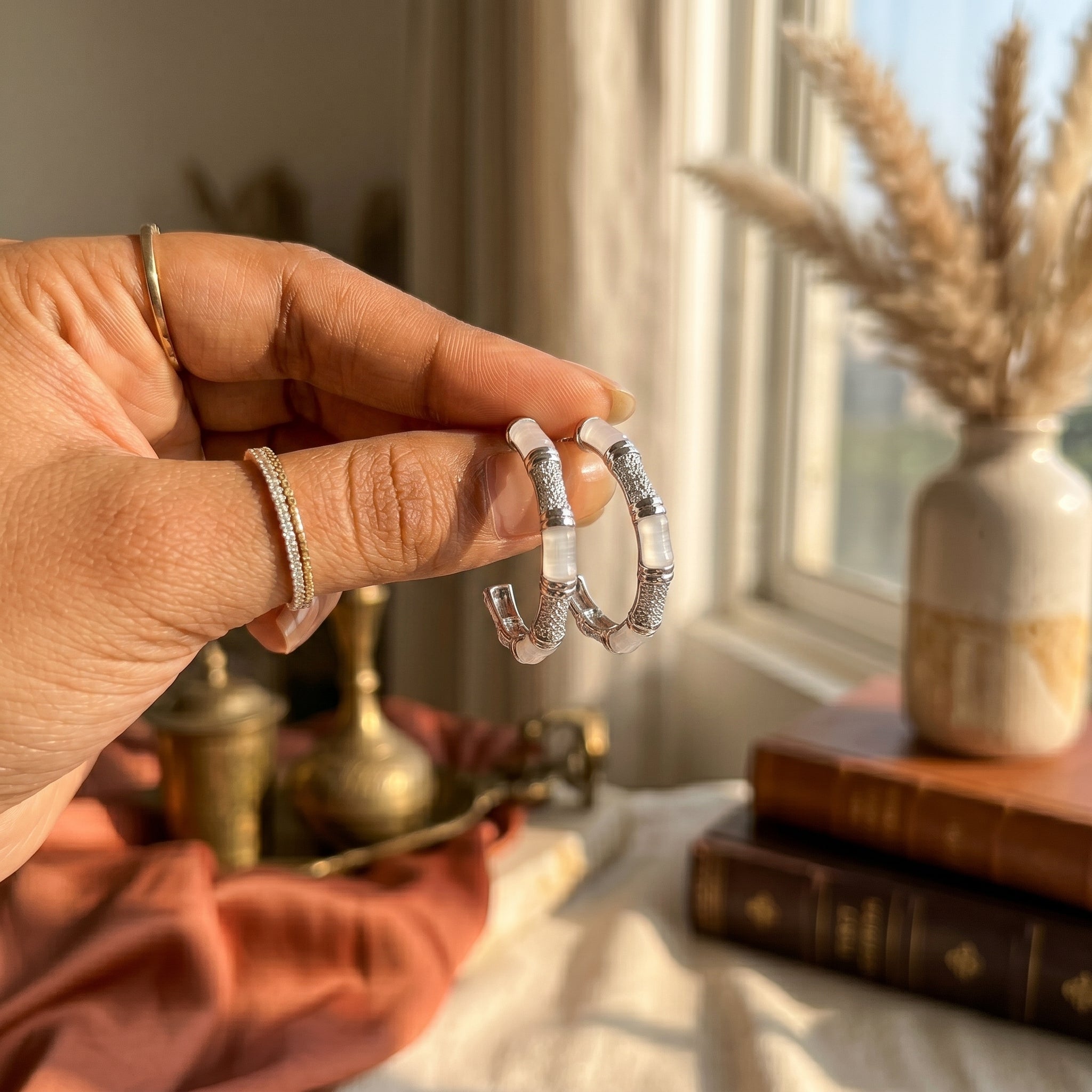 Silver Bamboo Hoop Earrings with White Enamel & Pavé CZ