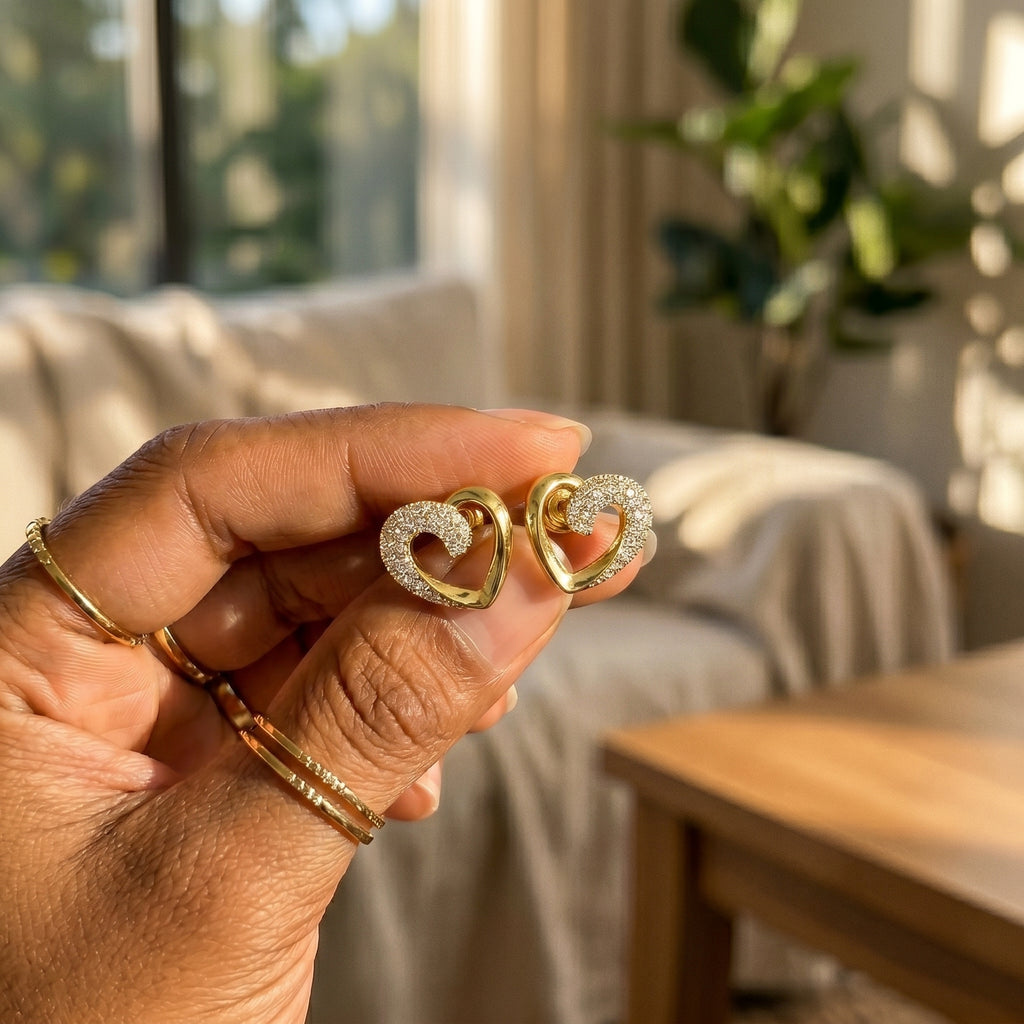 Gold Open Heart Half Pavé CZ Swirl Stud Earrings