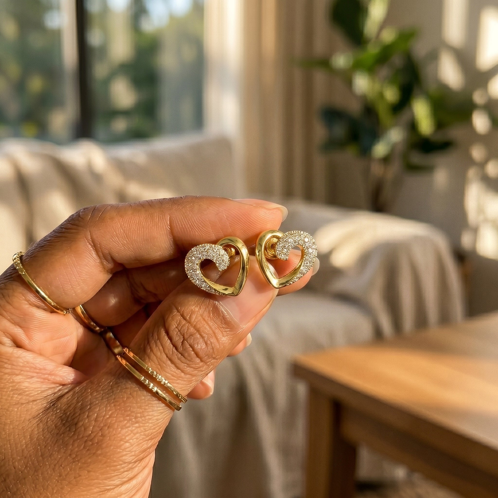 Gold Open Heart Half Pavé CZ Swirl Stud Earrings