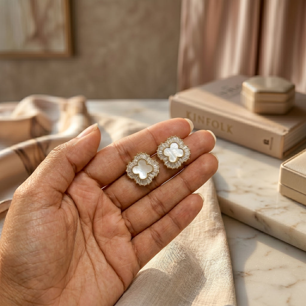 Gold Clover Mother of Pearl Baguette CZ Halo Stud Earrings
