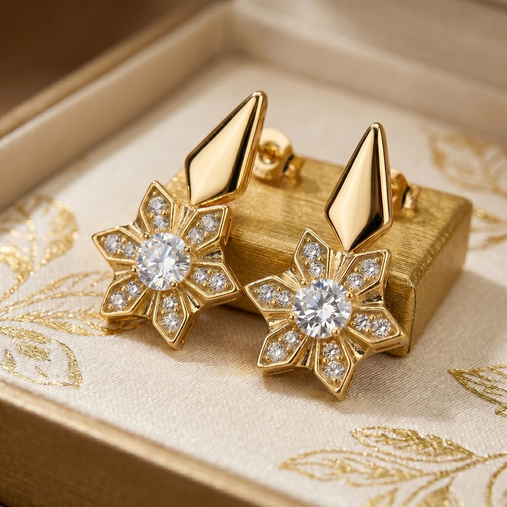 Gold Star Flower Drop Earrings with American Diamond Centre